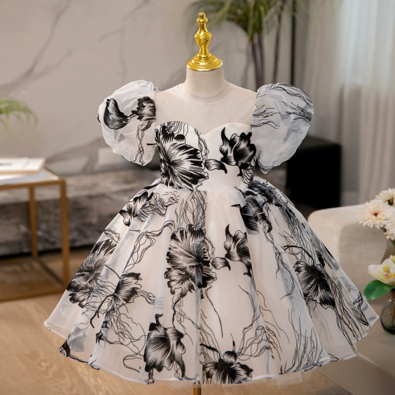 Elegant Baby Girls Ink Print Puff Sleeve Square Neck Princess Dress - Toddler Flower Girl Party Dress for Birthday, Photo Shoot & Special Occasions