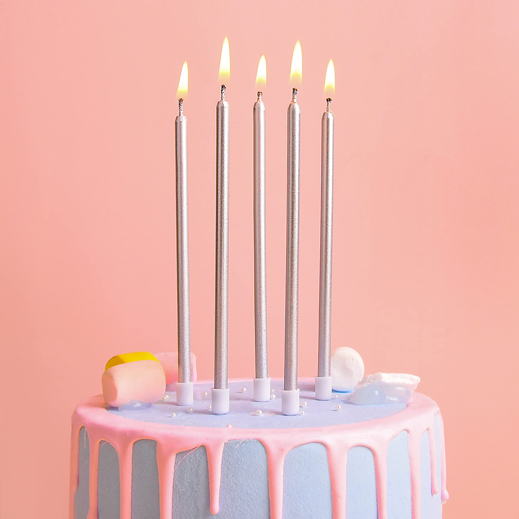 PHD CAKE Silver Long Thin Metallic Birthday Candles - Elegant Cake Candles for Birthday Parties, Wedding Decorations & Special Events - Perfect for Cakes, Cupcakes and Dessert Tables