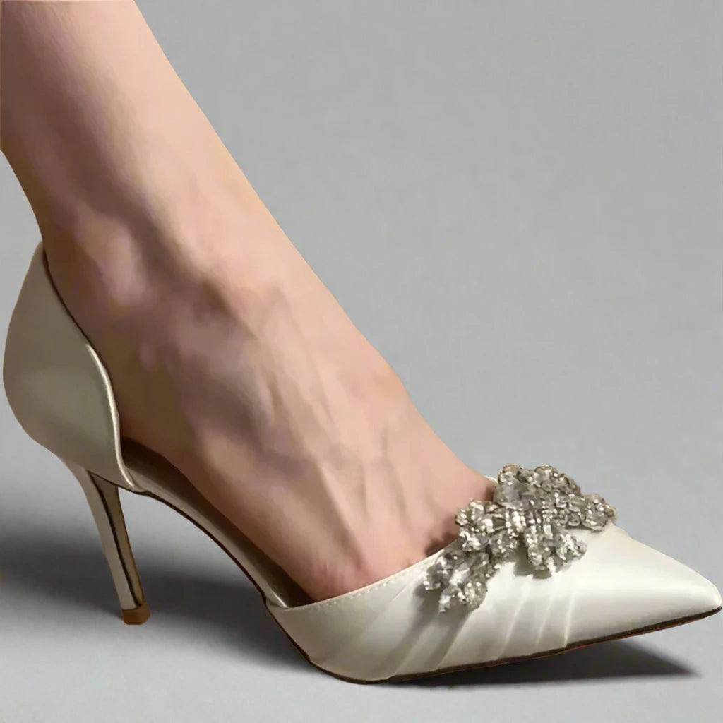 Elegant Shallow Pointed Toe Rhinestone Slip-On Stiletto Heels - Wedding Shoes for Bride, Party & Evening Wear - High Heel Solid Silk Pumps for Women - Perfect for Bridal, Prom & Special Occasions