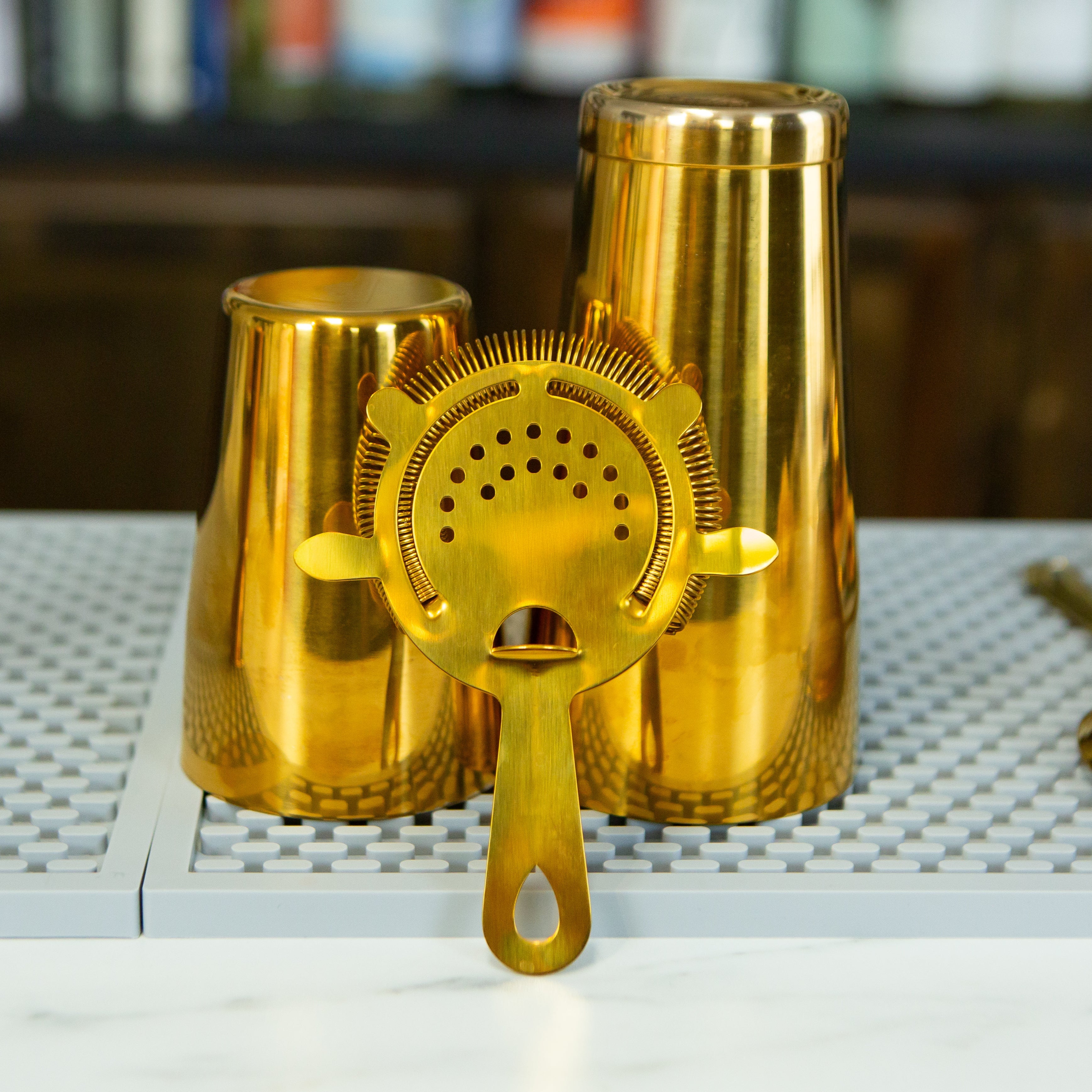 Premium 4-Prong Hawthorne Cocktail Strainer in Gold - Perfect for Mixing Classic & Craft Cocktails at Home or Bar Use