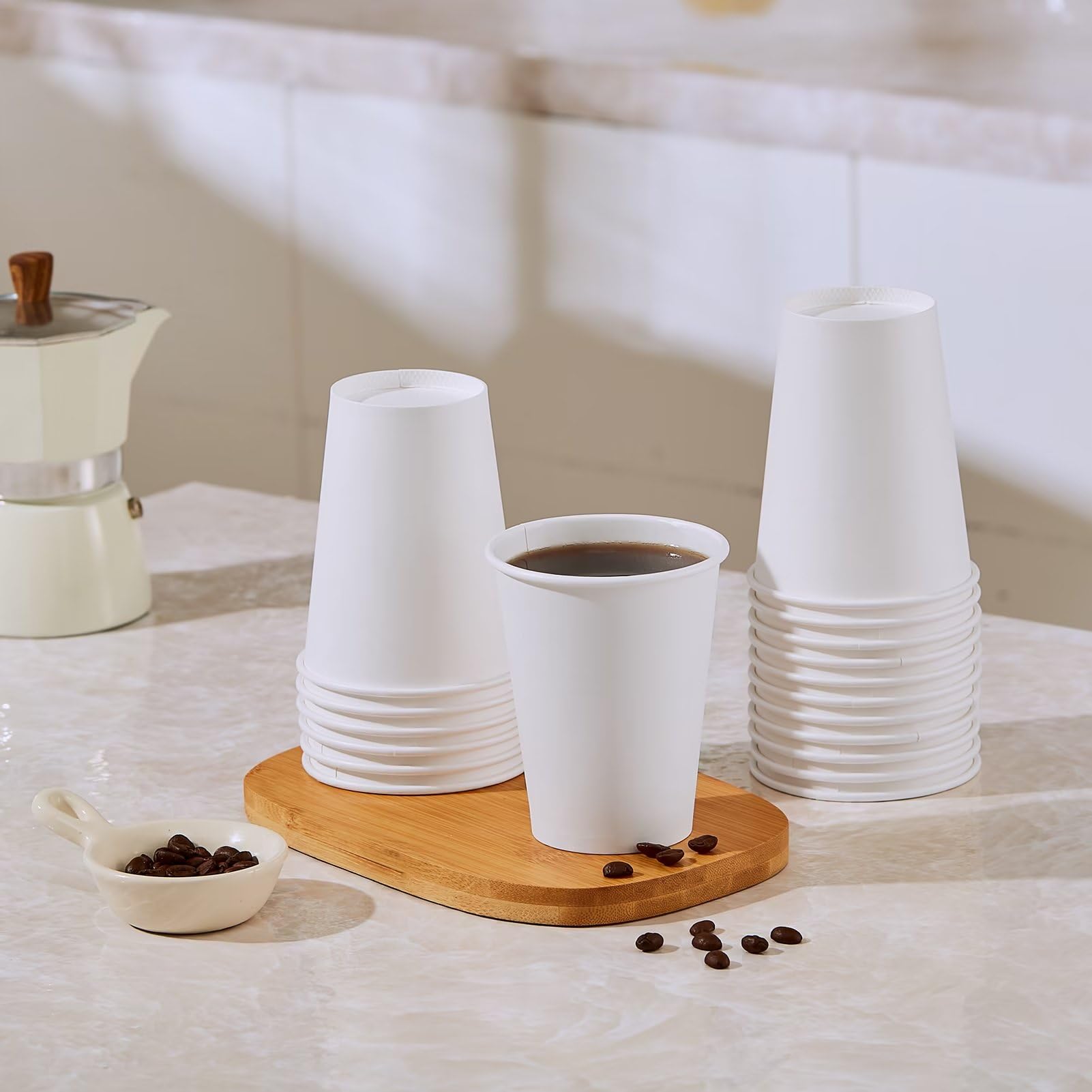 JOLLY PARTY 300 Pack 12 oz Disposable Paper Coffee Cups - Eco-Friendly Hot & Cold Beverage Drinking Cups for Coffee, Tea, Water - Bulk White Paper Cups for Office, Cafes, Parties & Events