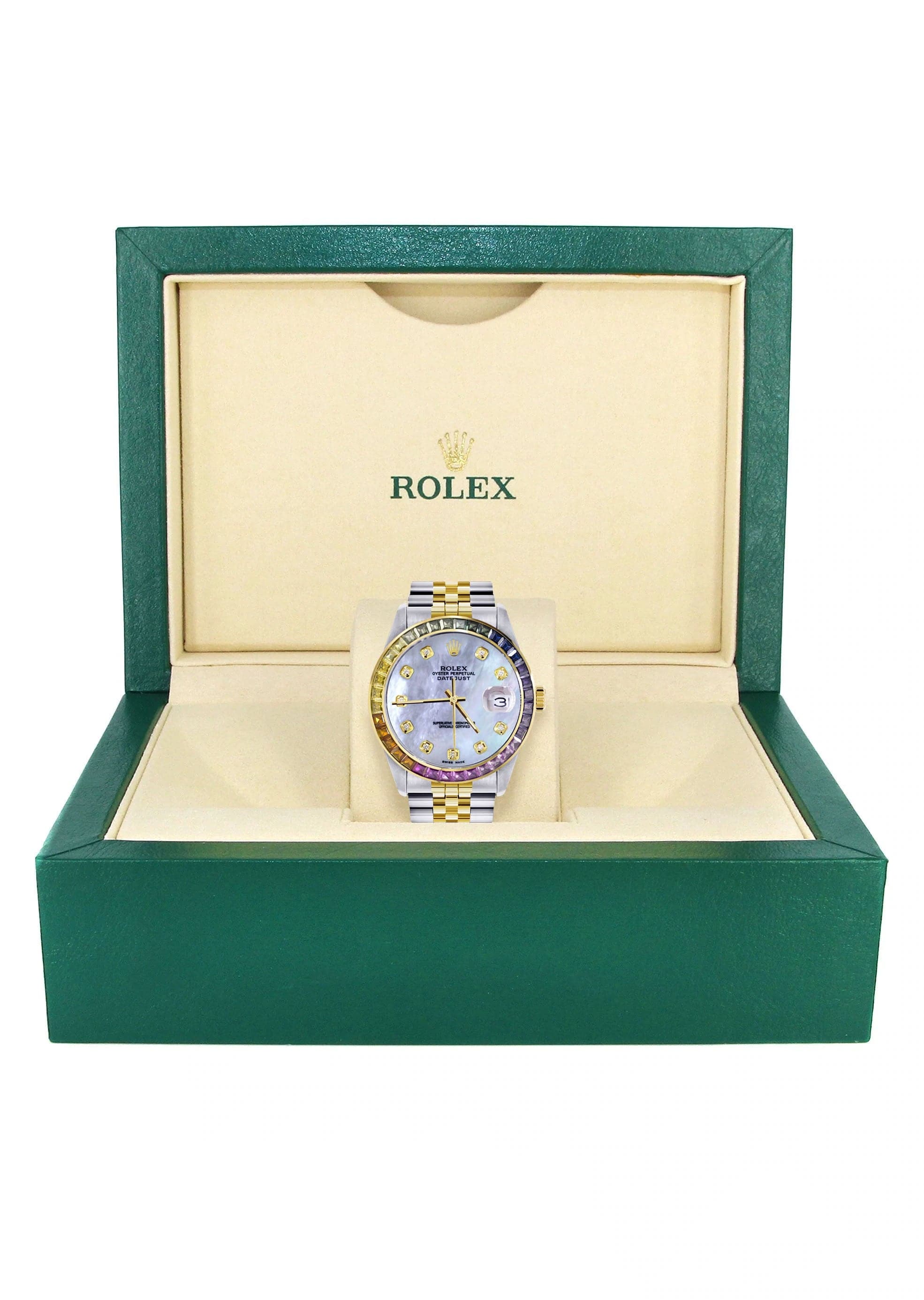 Luxury Diamond Gold Rolex Watch for Men 16233 | 36mm Rainbow Sapphire Bezel | Mother of Pearl Dial | Jubilee Bracelet | Perfect for Formal Events & Luxury Gifts