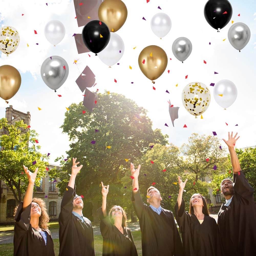 50pcs 12 Inch Black Gold Silver Metallic Latex Balloons with Ribbon - Premium Thick Confetti Party Balloons for Wedding, Birthday, Baby Shower Decorations - Perfect for Anniversary Celebrations, Graduation Parties & Holiday Events