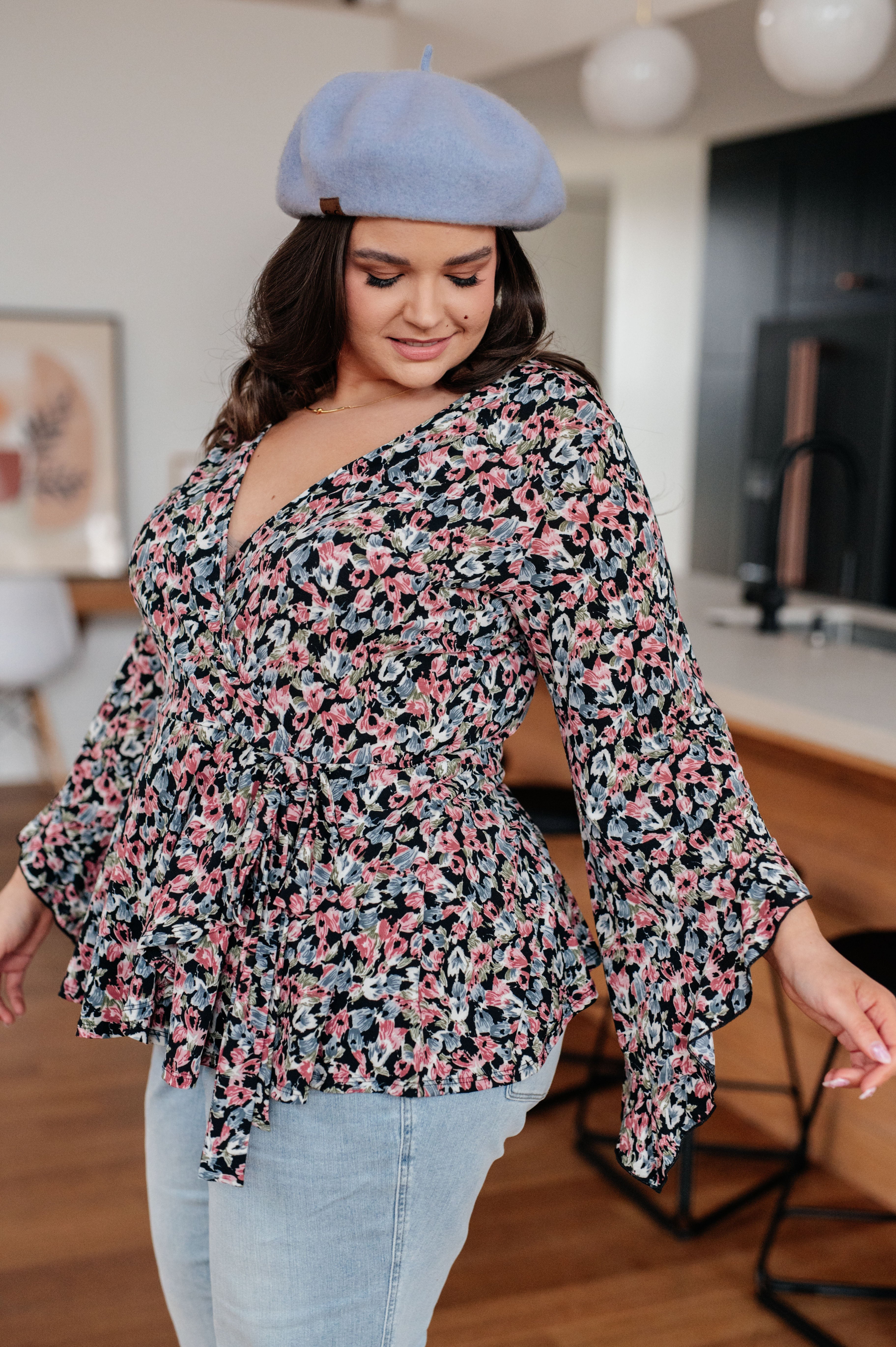 Black Floral Angel Sleeve Top for Women - Elegant Boho Blouse for Casual Wear, Date Night & Special Occasions
