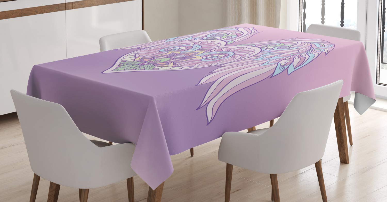 Ambesonne Angel Wings Tablecloth - Boho Pastel Heart with Feather Wings Design, Romantic Marriage Theme Rectangular Table Cover for Dining Room & Kitchen Decor, 52