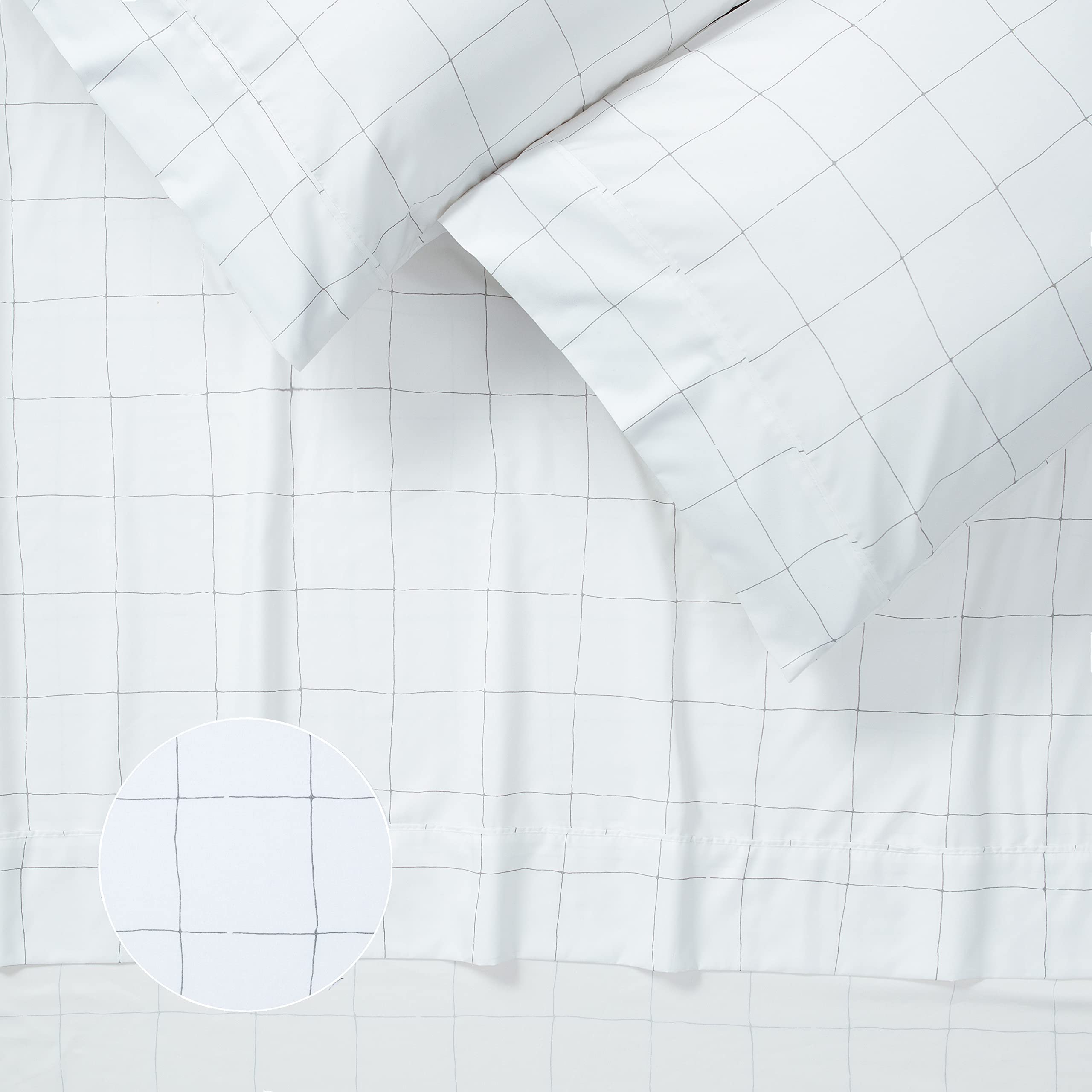 Chanasya Premium Printed Queen Bed Sheet Set 4-Piece - Soft Hand Drawn Plaid Pattern Microfiber Sheets - 1 Flat Sheet, 1 Fitted Sheet, 2 Pillowcases - Wrinkle & Fade Resistant - White - Queen Size for Cozy Bedroom Decor & Comfortable Sleep