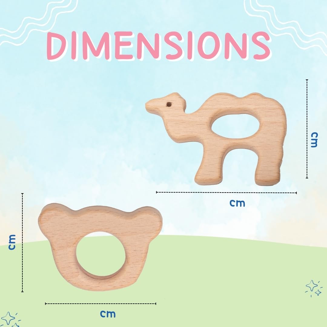 Natural Wooden Teething Toys for Babies - Pack of 2 (Camel & Cat) | Safe & Non-Toxic Beech Wood Teethers | Soothing Relief for Teething Infants | Perfect Baby Shower Gift & Nursery Essential