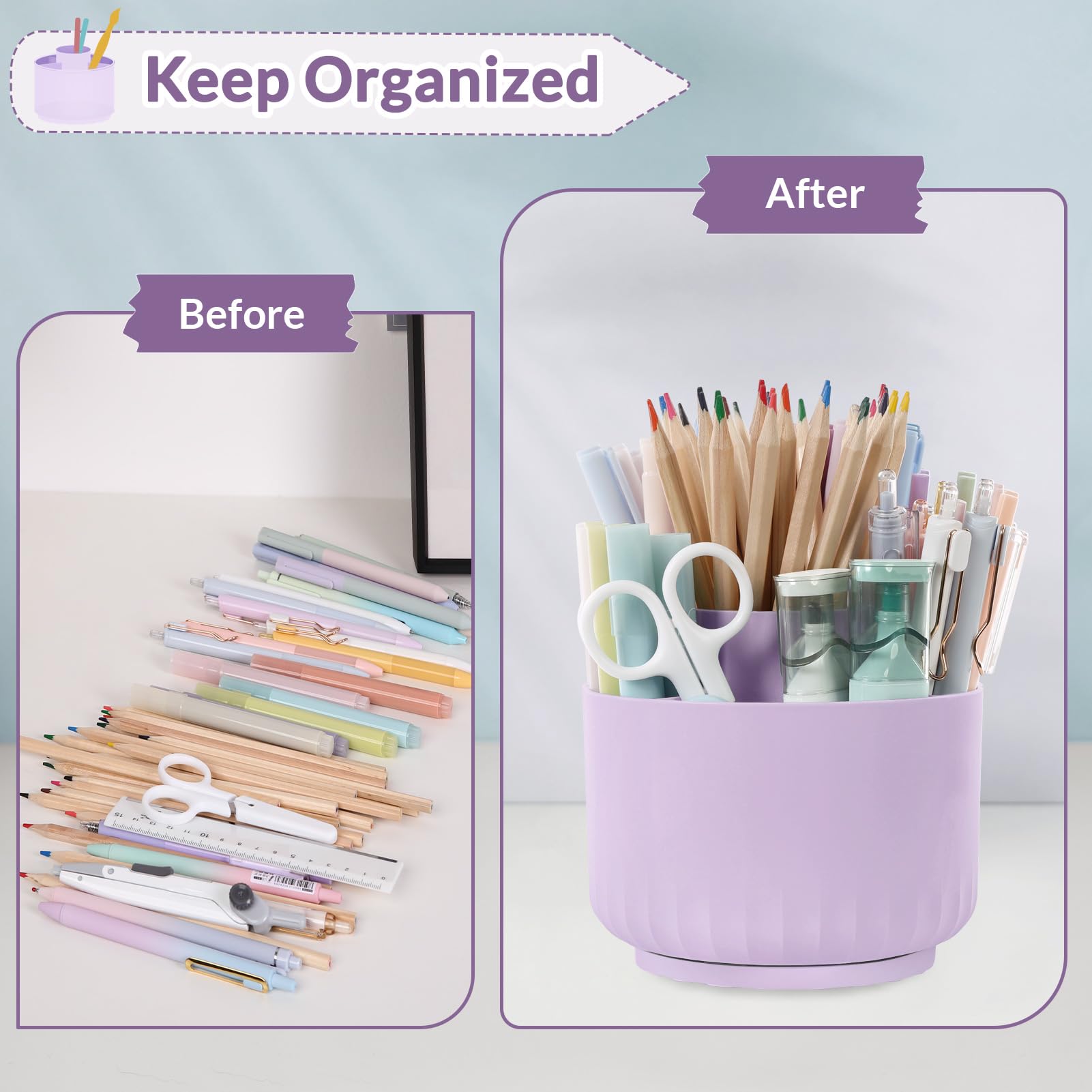 SKYDUE 360 Degree Rotating Desk Organizer - 5-Slot Dual-Purpose Pencil & Pen Holder for Office, School, or Home Use - Perfect for Organizing Stationery, Makeup Brushes, and Utensils (Purple)