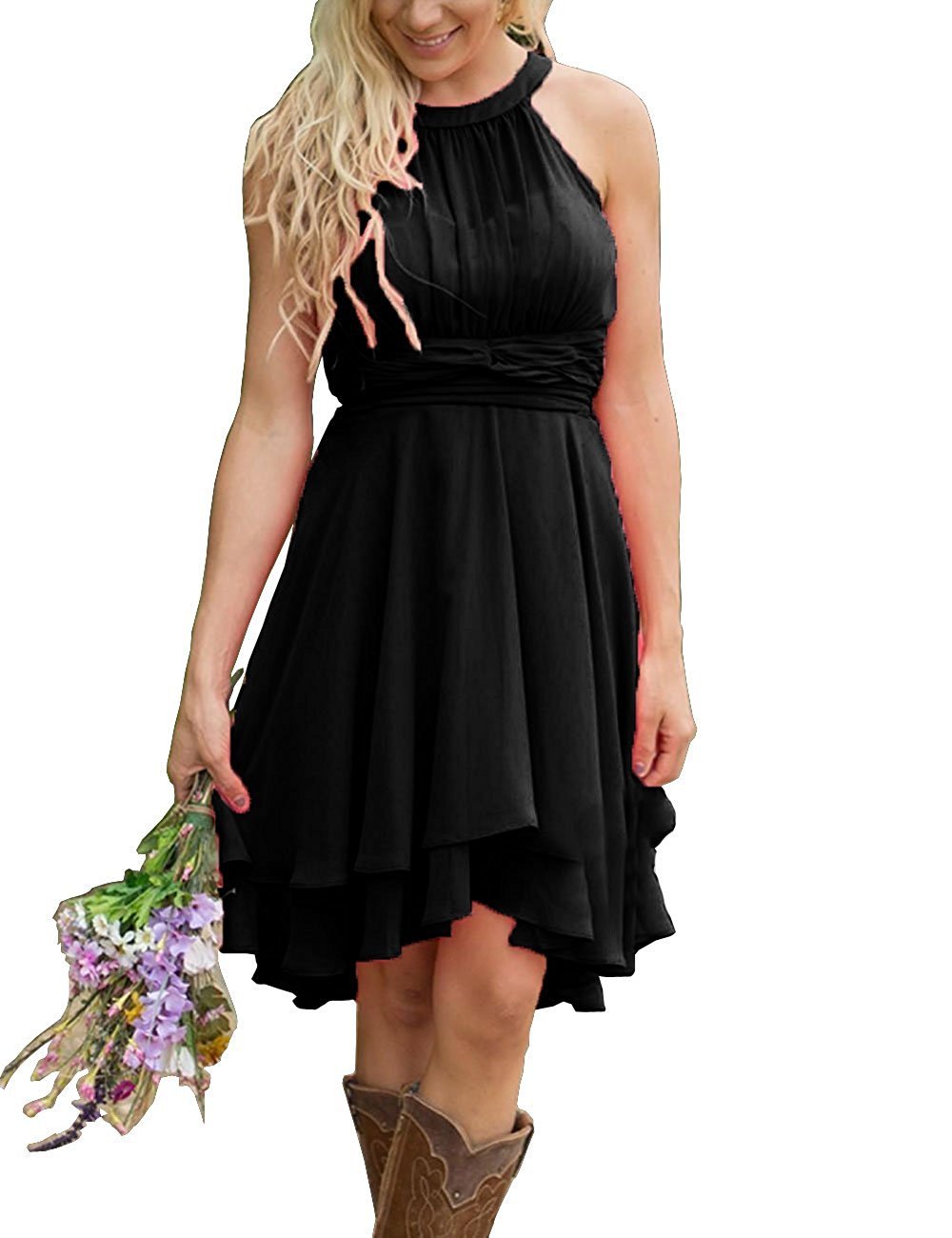 Elegant Halter Chiffon Bridesmaid Dress - Knee-Length Prom, Homecoming & Beach Wedding Guest Dress for Women | Perfect for Summer Parties, Formal Events & Special Occasions