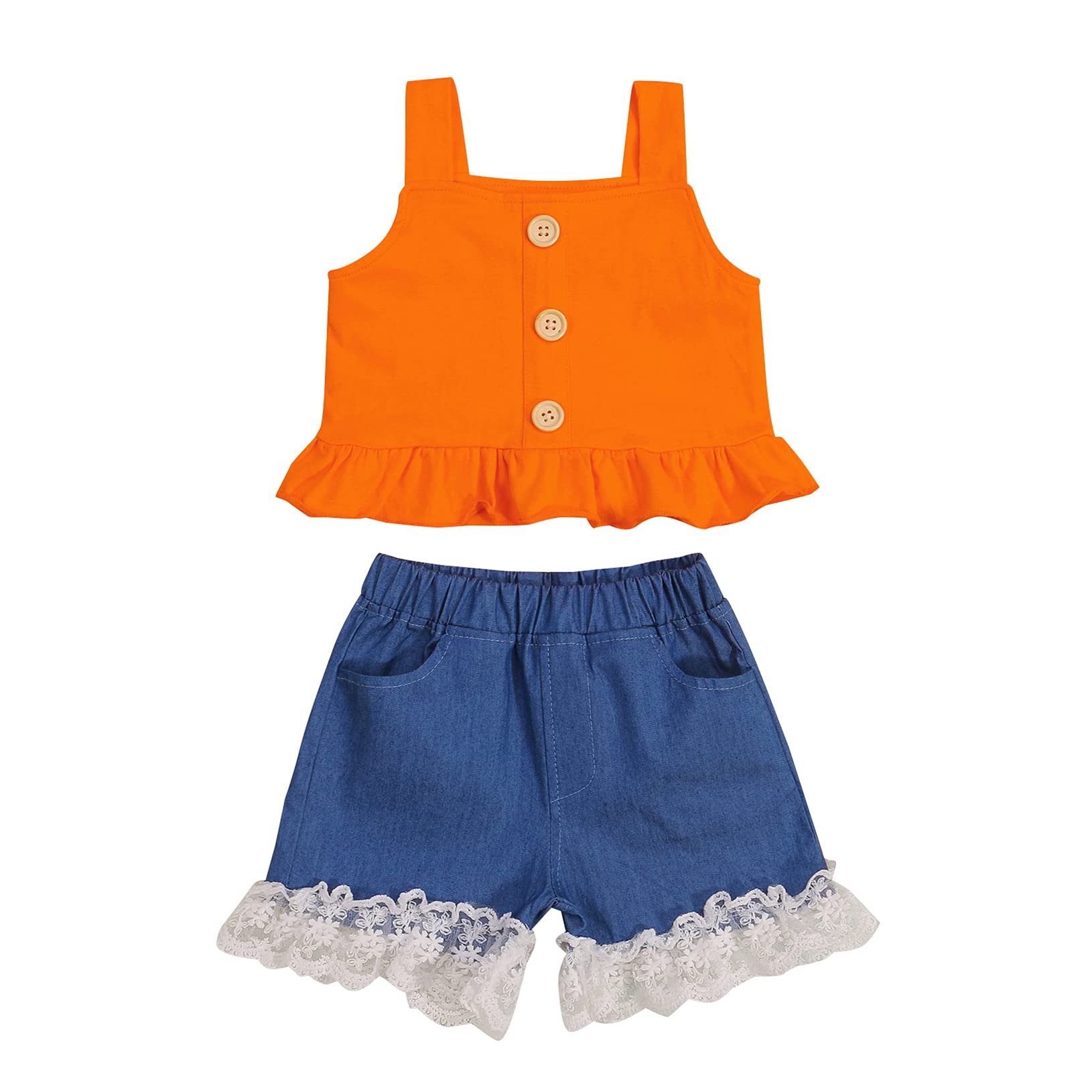 Baby Girls Denim Outfits Set - Backless Lace Halter Ruffle Top & Distressed Shorts | Sunflower Print Summer Casual Wear | Playdate, Beach, Photo Shoot Outfits