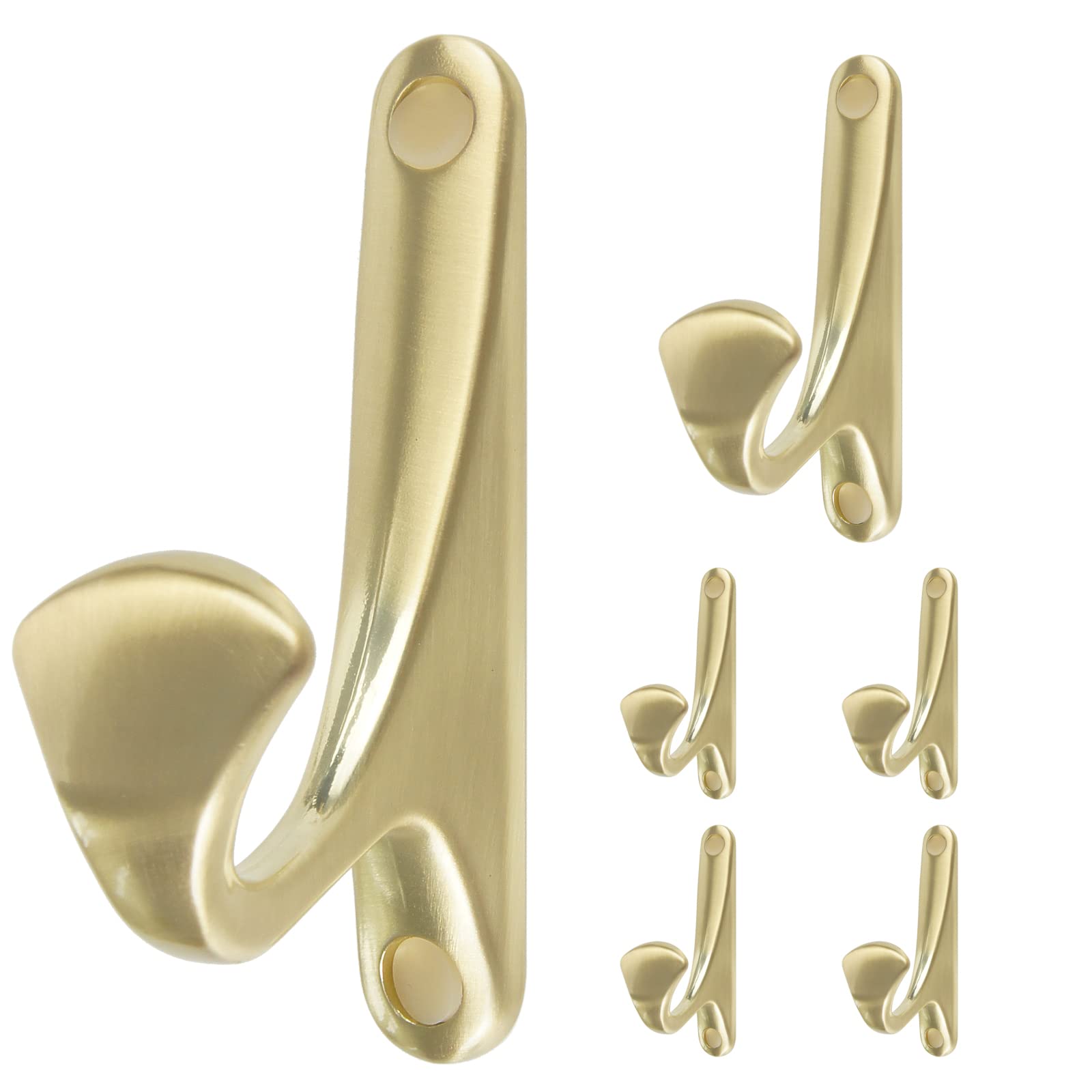 6 Pack Brushed Gold Wall Hooks - Decorative Metal Hooks for Hanging Hats, Coats & Kitchen Items | Rustic Home Organization for Closet, Entryway & Bathroom (6 Brushed Gold)