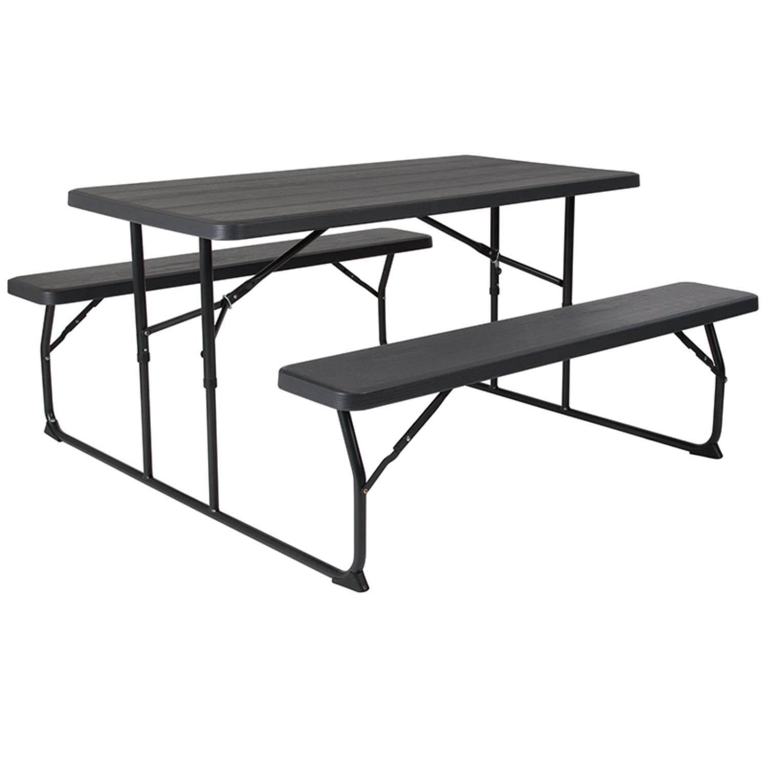 Flash Furniture Insta-Fold Picnic Table - 4.5ft Charcoal Wood Grain Folding Table & Bench Set for Adults - Outdoor, Camping, Backyard, Park & Patio Use