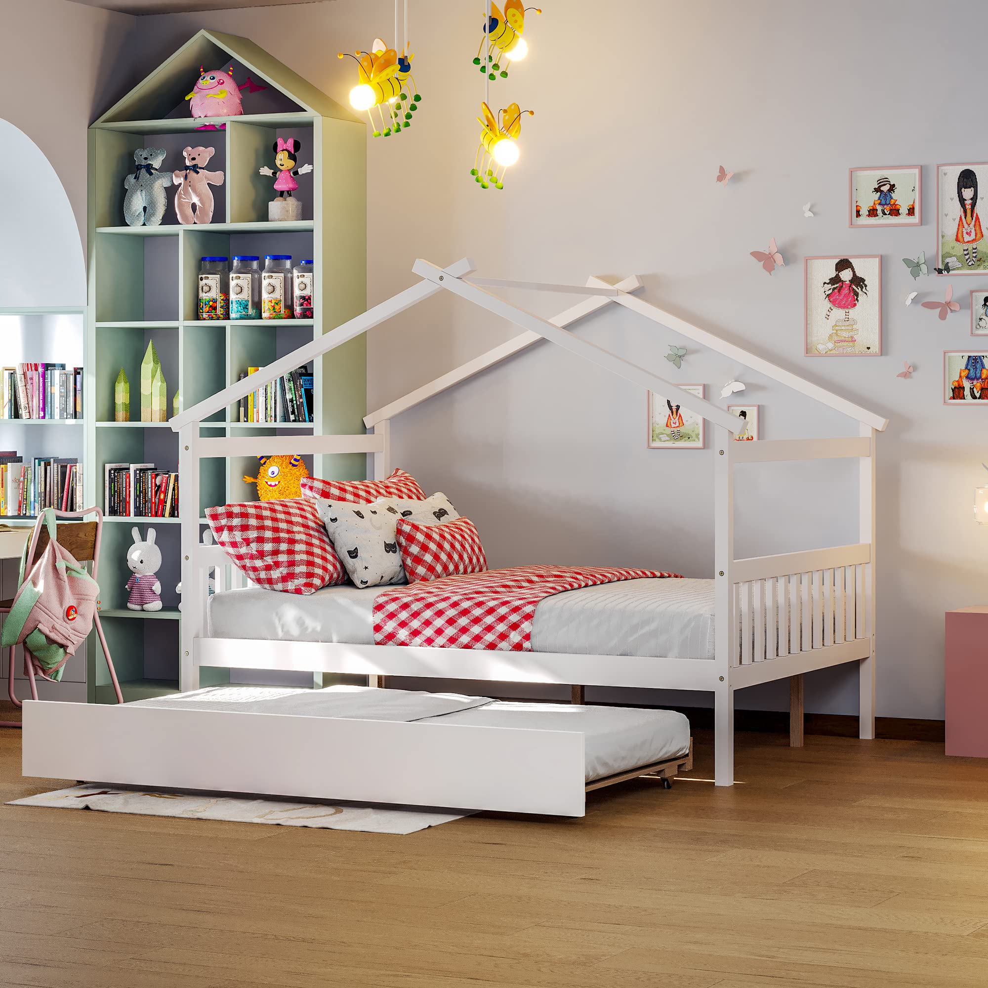 Bellemave Full Size House Bed with Twin Trundle - White Wooden Playhouse Bed with Roof for Kids' Bedroom, Nursery, or Playroom - Fun and Functional Children's Furniture