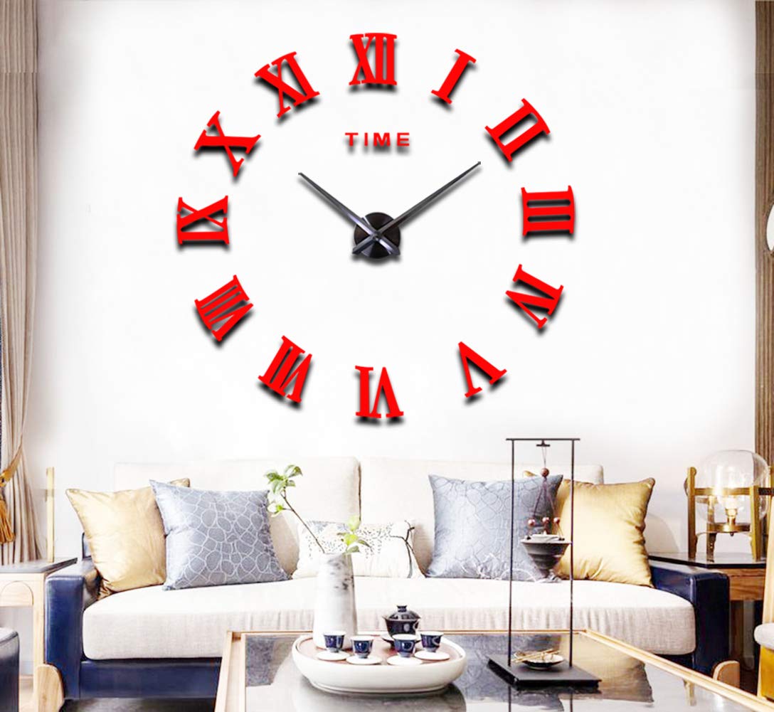 3D DIY Acrylic Mirror Wall Clock - Luxury Self-Adhesive Wall Decor for Home & Office (Red) | Perfect for Living Room, Bedroom, and Office Spaces