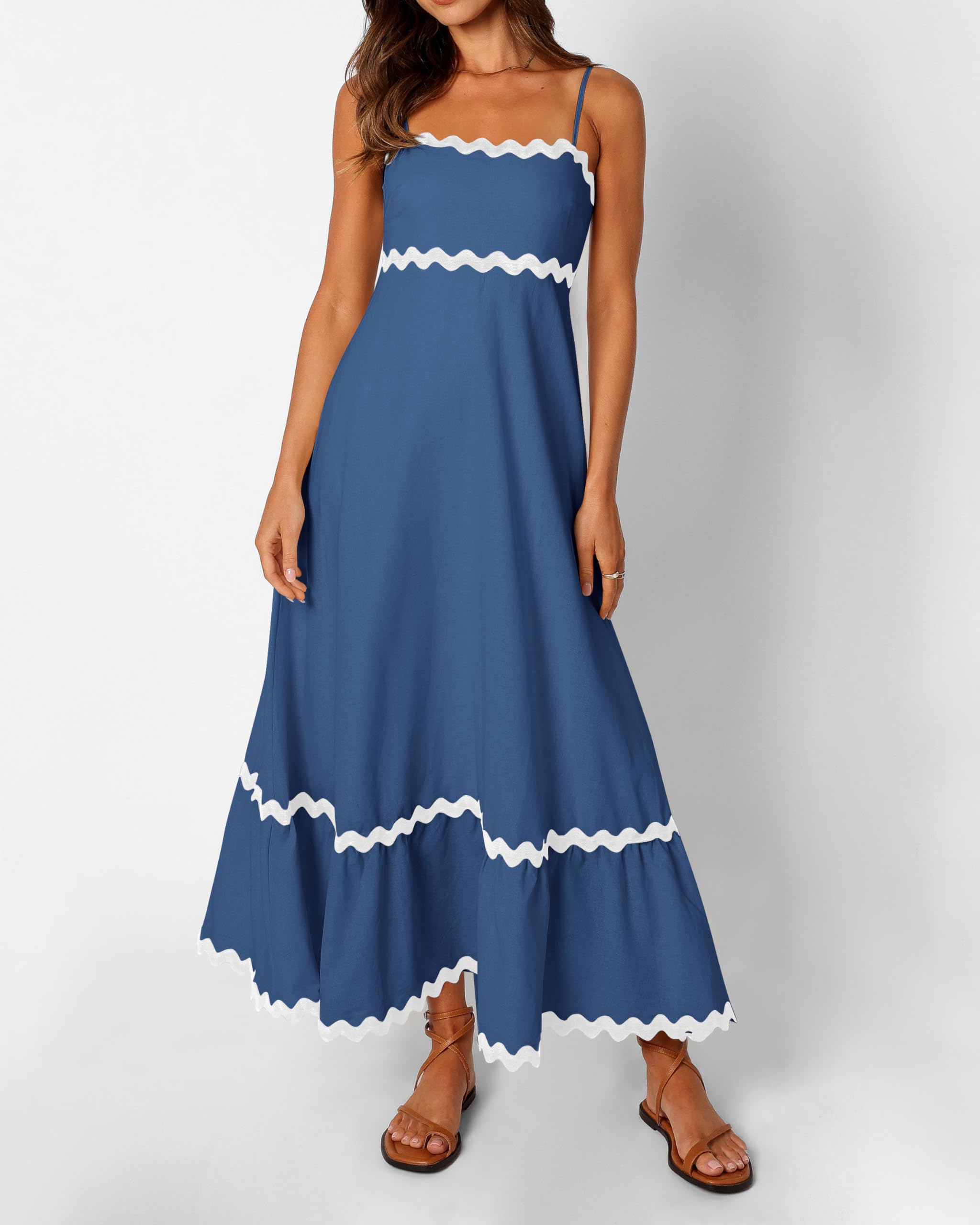 Dowerme Women's Summer Dresses 2025 - Spaghetti Strap Sleeveless Boho Midi Dress with Smocked Waist & Rickrack Trim | Flowy A-Line Loose Fit | Beach Vacation, Date Night, Casual Outing
