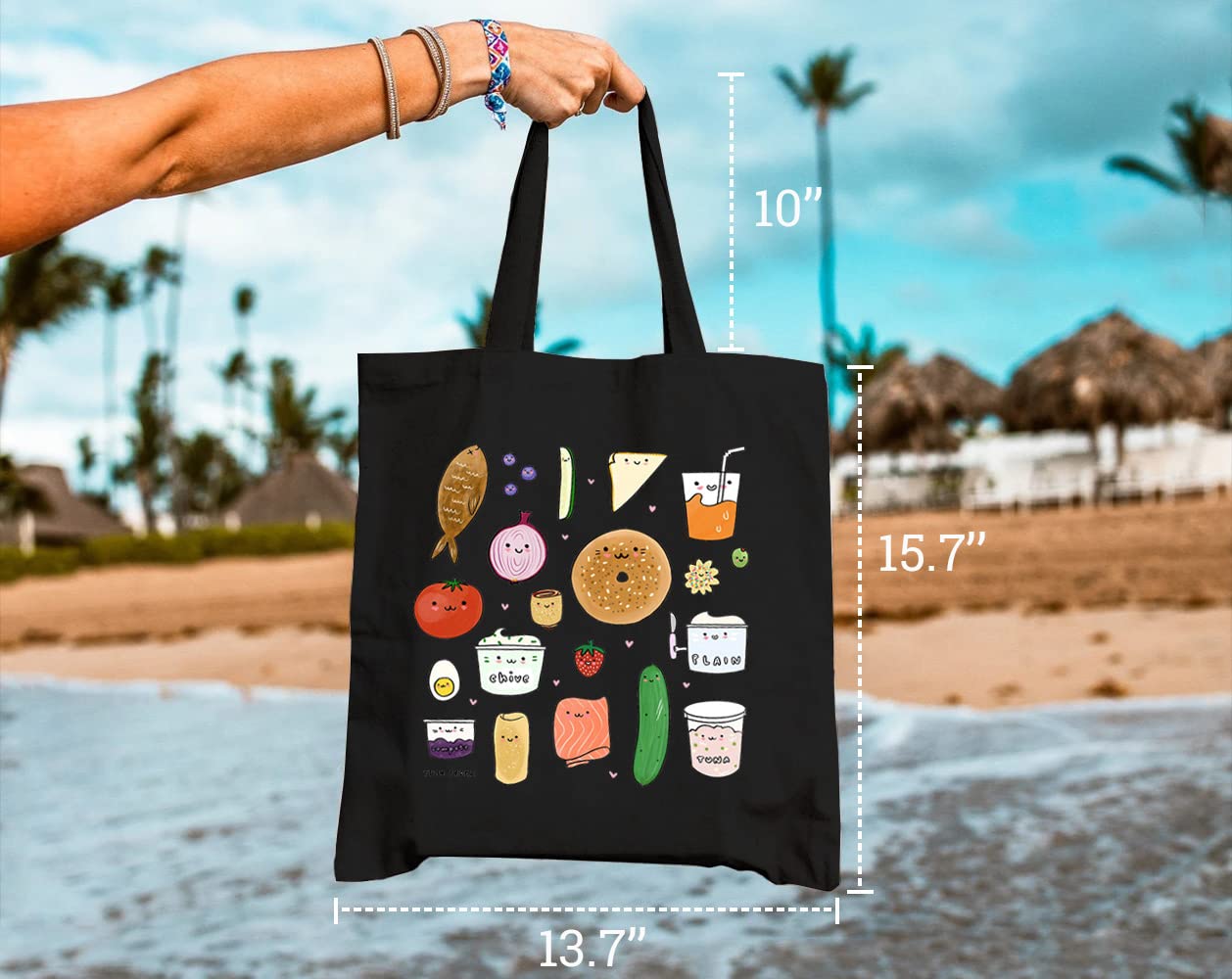 Bagel & Friends Canvas Tote Bag for Women - Cute Food Print Reusable Grocery Shopping Bag - Eco-Friendly Shoulder Bag Perfect for Market Trips, Beach Days & Gift Giving