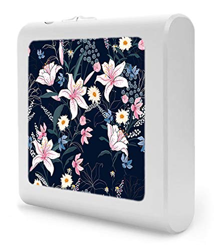 Dimmable LED Night Light with Auto On/Off Sensor, Adjustable Brightness & Warm White Light - Perfect for Bathroom, Hallway, Nursery & Bedroom (Pink & White Floral Design with Blue Accents) - Creates Soothing Ambiance for Nighttime Safety & Comfort