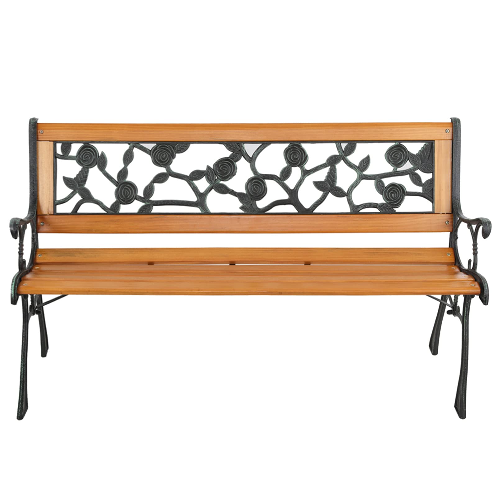 Bysesion GT1-JL 49-Inch Solid Hardwood Garden Bench with Cast Iron Rose Design - Perfect for Patio, Porch, Deck, and Outdoor Seating Areas