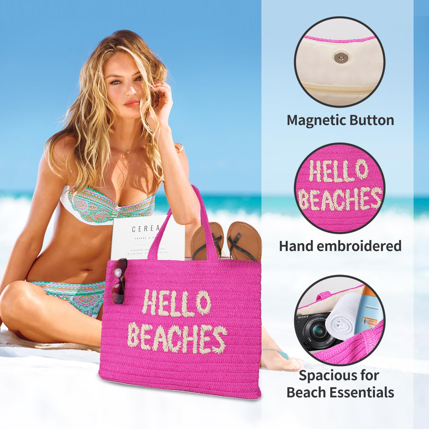 2025 Trendy Straw Beach Tote Bag - Large Packable Beach Bag for Women | Perfect for Vacation, Pool Party & Summer Travel | Waterproof & Lightweight