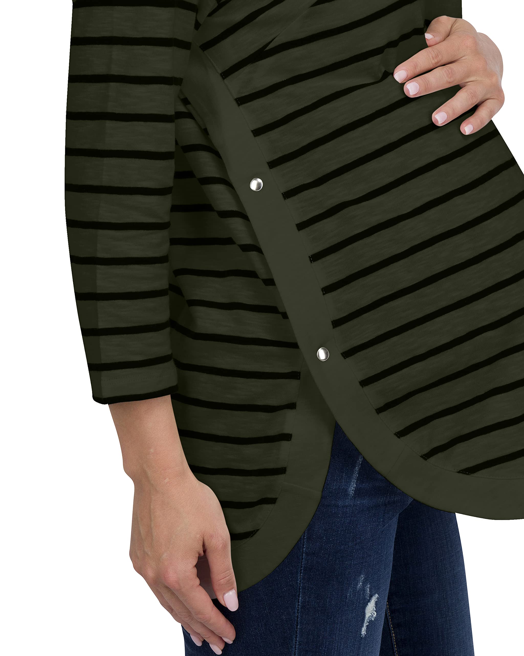 Striped Side-Button Maternity Nursing Long Sleeve Top - Lightweight Pregnancy Shirt & Blouse for Office Work - Comfortable Professional Wear for Expecting Mothers