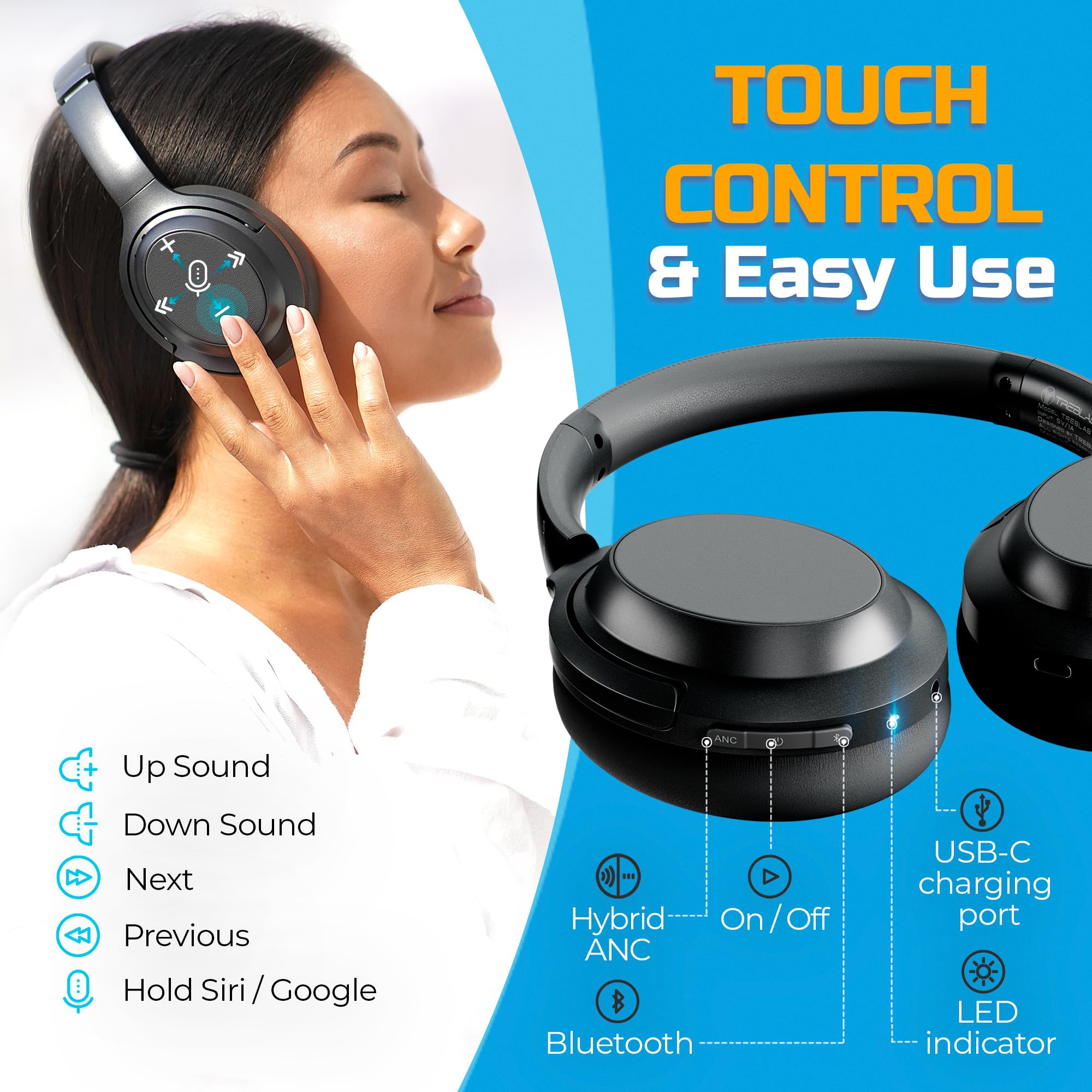 TREBLAB Z7 Pro Wireless Bluetooth Headphones with Active Noise Cancelling (ANC), aptX-HD Audio, 45H Battery, Fast Charging & Mic - Foldable Over-Ear Design with Memory Foam Ear Cups for Workouts, Travel & Office Use