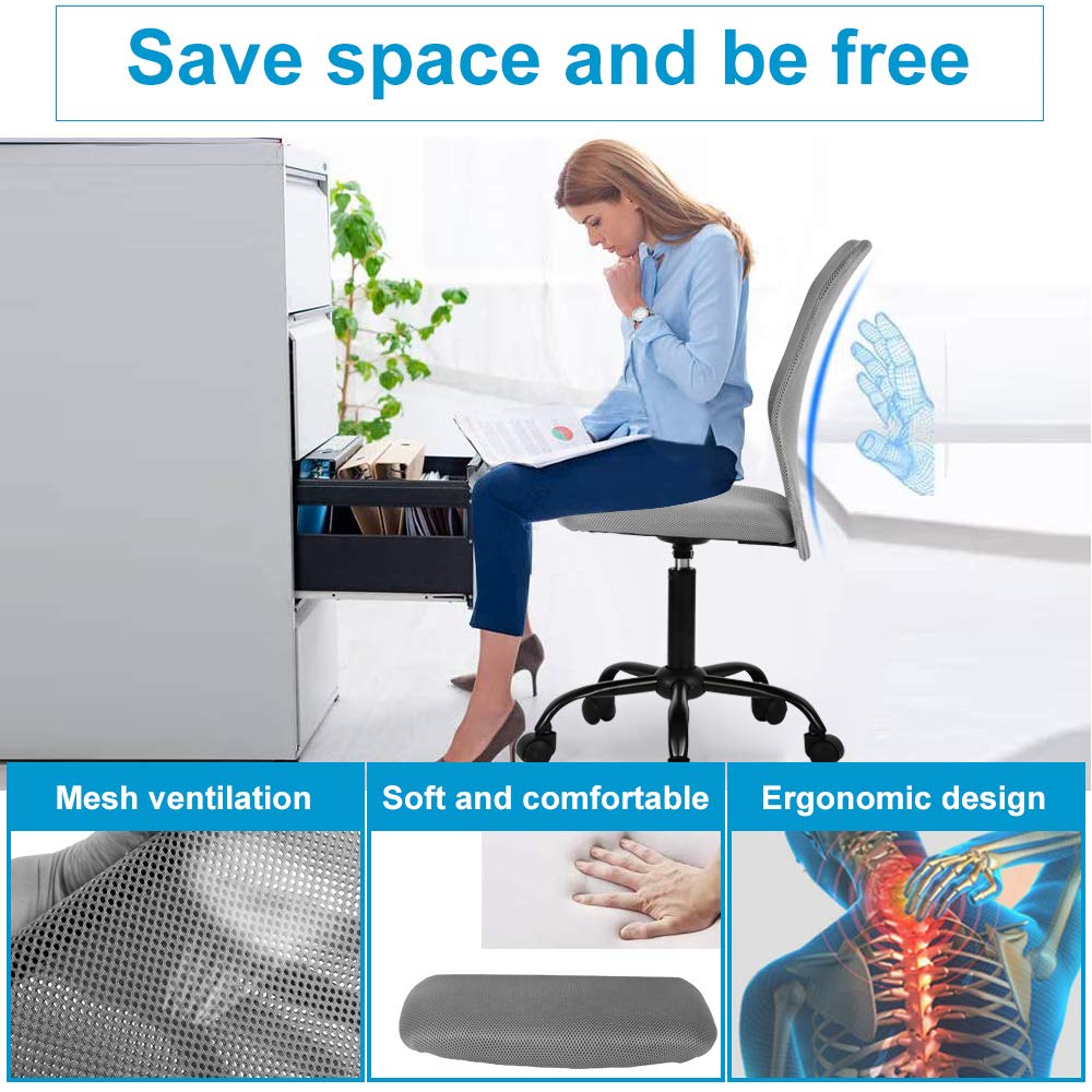 Ergonomic Home Office Chair - Adjustable Height Mid Back Mesh Computer Desk Chair for Students & Professionals, Modern Task Swivel Rolling Chair Without Armrests, Grey - Perfect for Small Spaces & Long Work Sessions