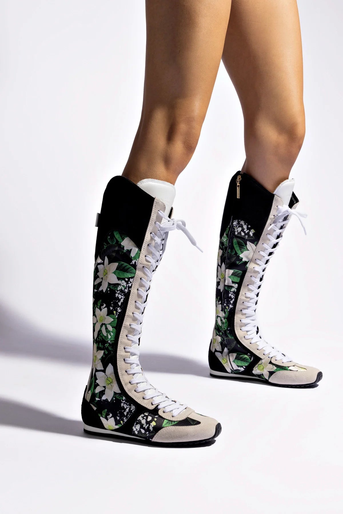 Larroudé x Jonathan Cohen Black Gardenias Satin & Suede Flat Hi Sneaker Boot - Stylish Women's Fashion Shoes for Casual Wear & Night Out
