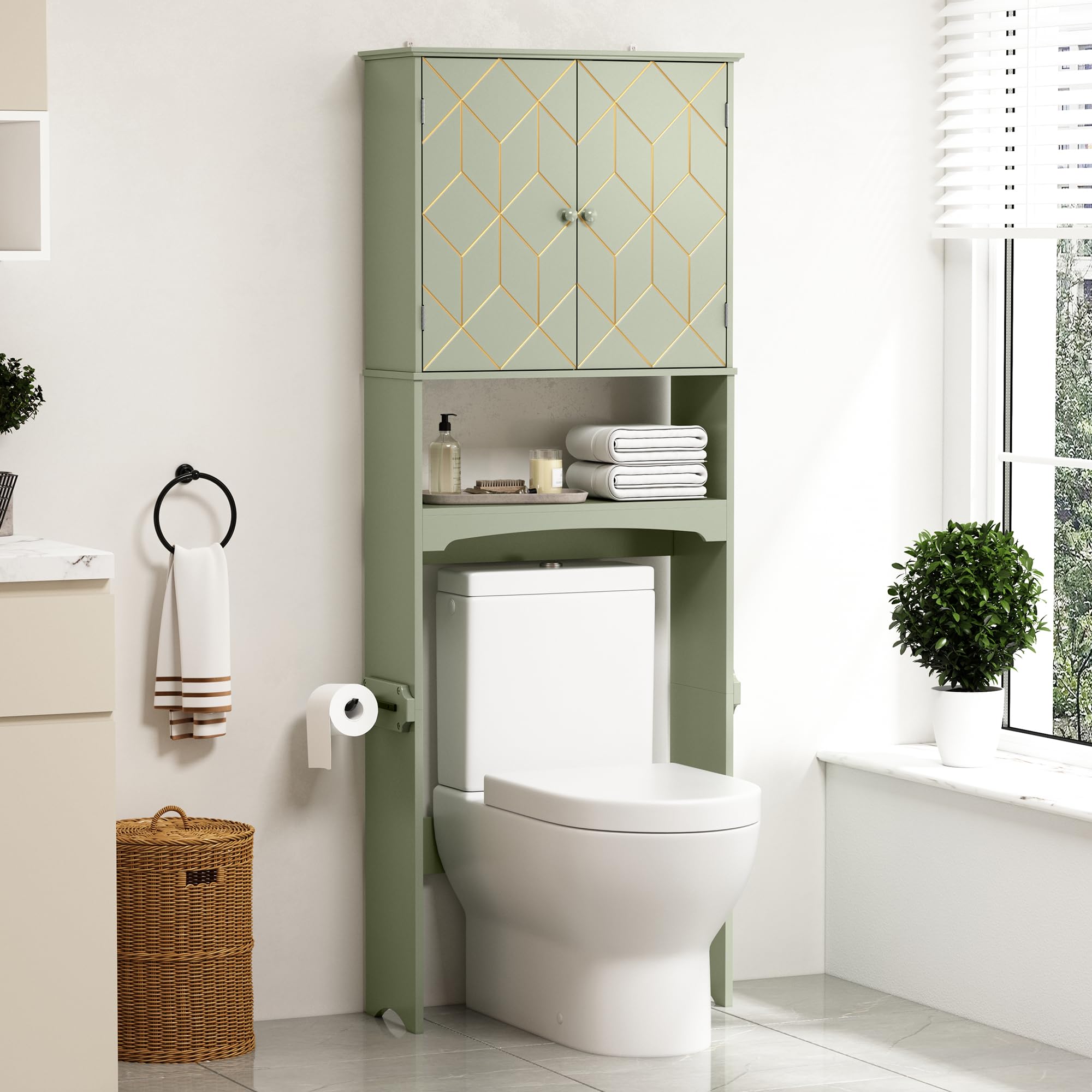 Modern Over The Toilet Storage Cabinet with Gold Trim - Adjustable Shelves & Toilet Paper Holder - Bathroom Organizer for Small Spaces (Green) - Perfect for Apartment, Dorm & Compact Bathrooms