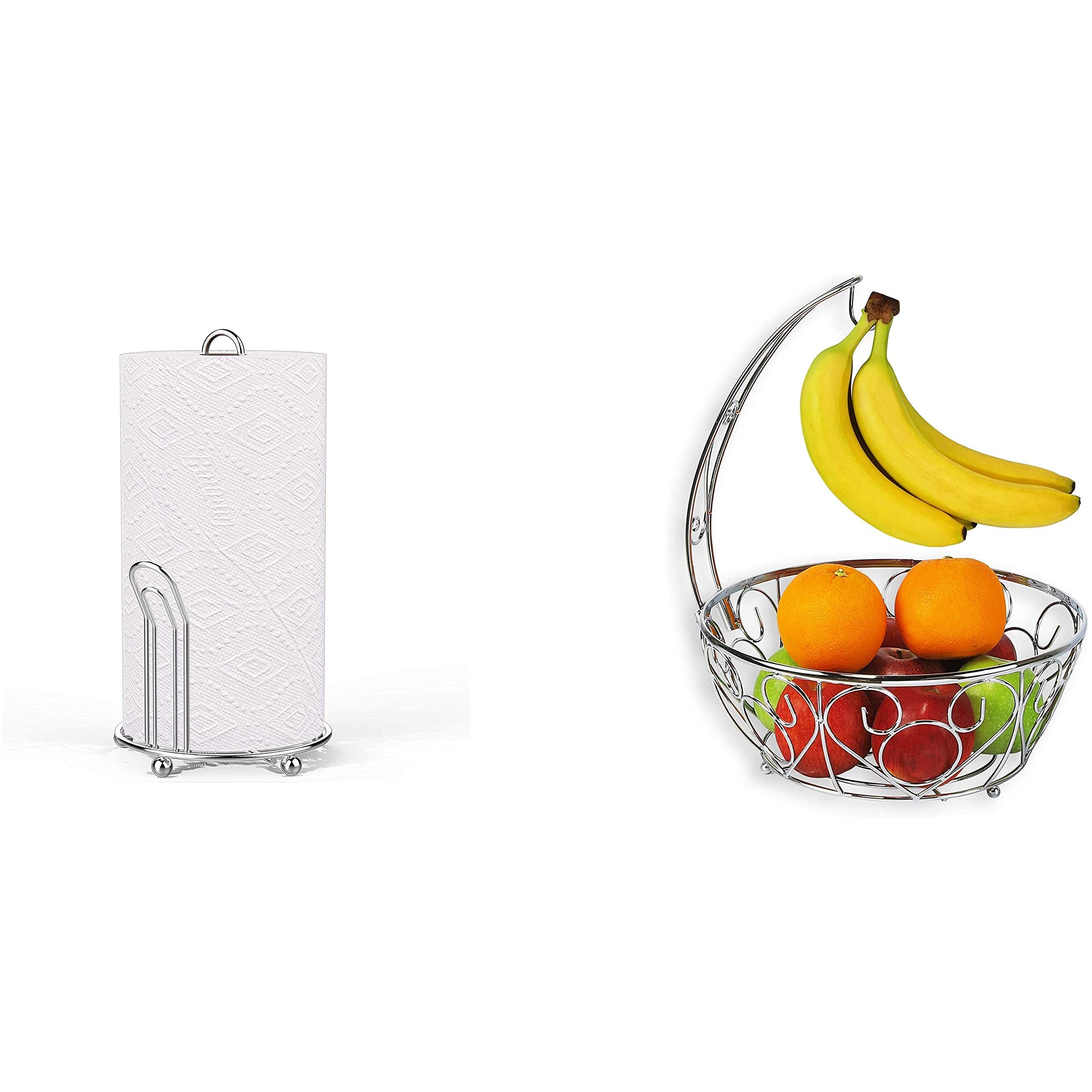 Stainless Steel Paper Towel Holder & Fruit Basket with Banana Hanger - Chrome Kitchen Organizer for Countertop, Dining Table, and Pantry Storage