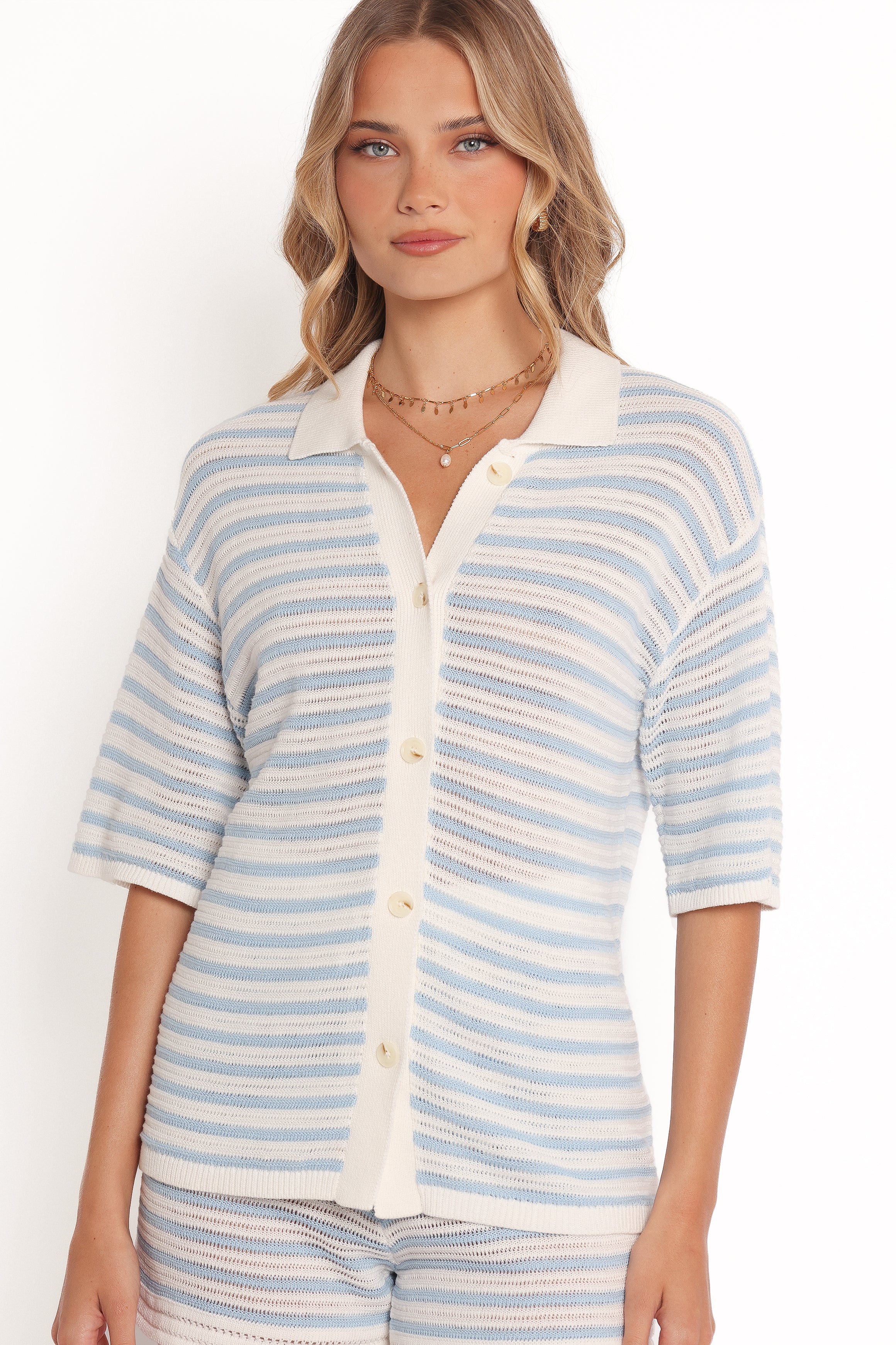 Cherie Knit Short Sleeve T-Shirt for Women - Soft Cotton Crewneck Top in Cream & Sky Blue | Casual Everyday Wear, Summer Outfits, and Layering Essentials