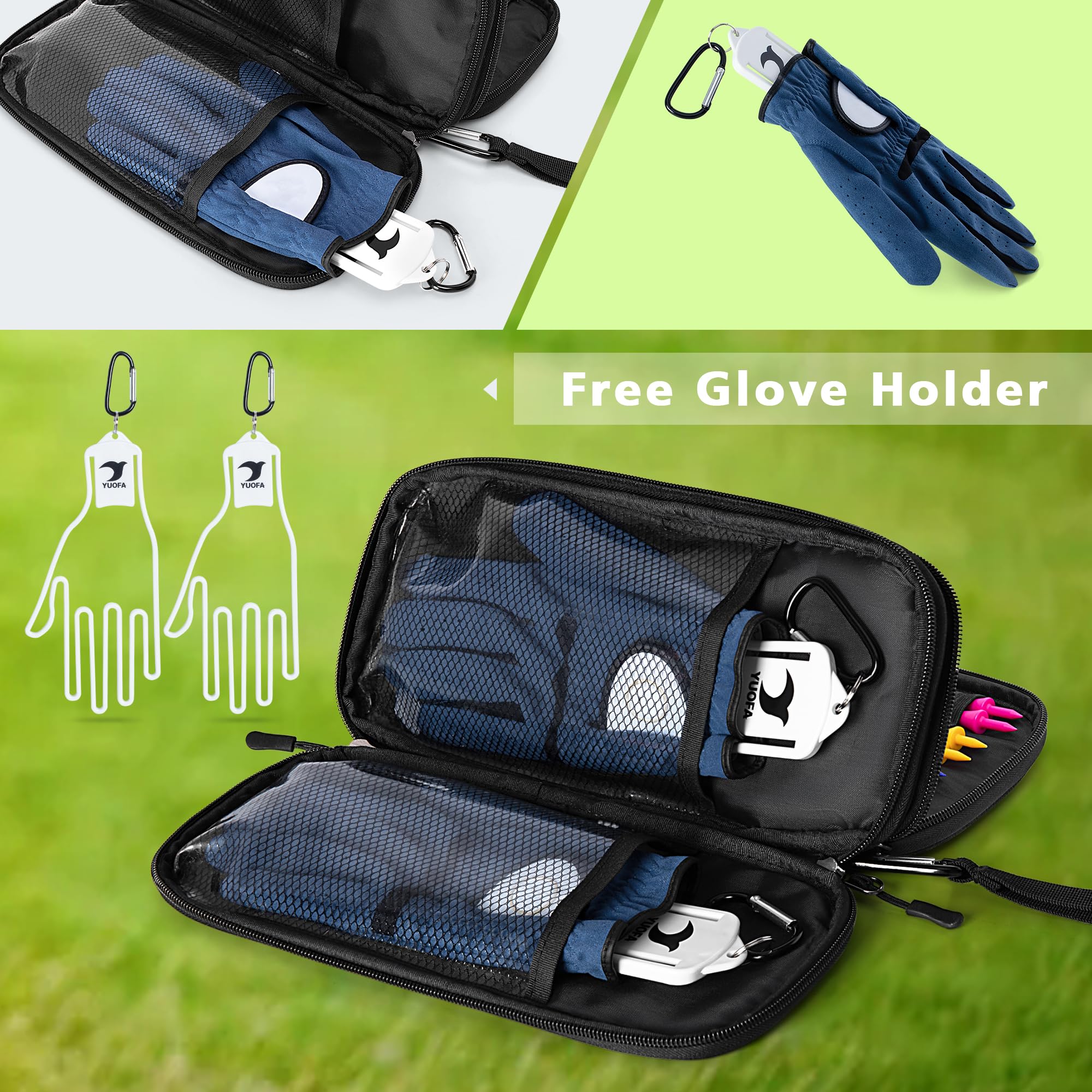 Premium Golf Glove Holder & Case with Hook – Includes Glove Stretcher, Storage for Tees, Ball Markers & Phone – Durable Golf Accessories Organizer for Golfers | Perfect for Driving Range, Practice & On-Course Essentials