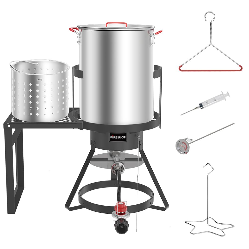 30Qt Turkey Fryer Kit with Basket - Outdoor Propane Deep Fryer with 50,000BTU Cast Iron Burner, Steamer & Seafood Boiler Set - Perfect for Thanksgiving, Backyard BBQs & Outdoor Cooking (Black)