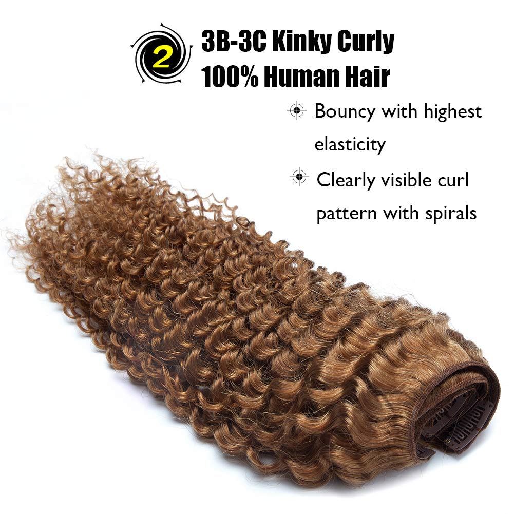 Benehair 22inch 120g Kinky Curly Clip-in Hair Extensions - 100% Human Hair for Black Women | Afro 3B/3C Natural Hair | Double Weft Thick Coil Brazilian Hair in Light Auburn (8pcs/18 Clips) - Perfect for Parties, Weddings & Daily Styling