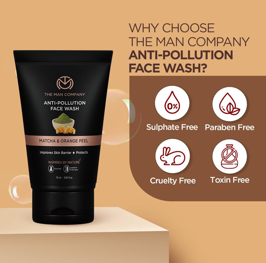 The Man Company Anti-Pollution Face Wash for Men - 75ml | Deep Cleansing Formula Removes Dirt, Impurities & Fights Blackheads, Whiteheads, Acne | Enriched with Orange Peel & Matcha Extract | Reduces Dark Spots & Pimples | Perfect for Daily Skincare Routine & Urban Lifestyle Protection