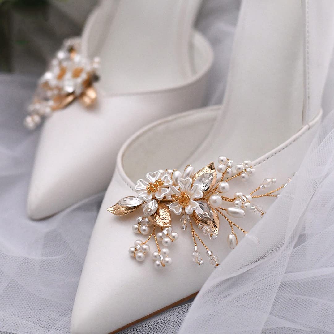 2 PCS Removable Millet Beads Flower Shoe Clips - Elegant Shoe Buckles Decor for Wedding, High Heels, Flats & Sandals - Perfect for Bridal, Prom & Special Occasions
