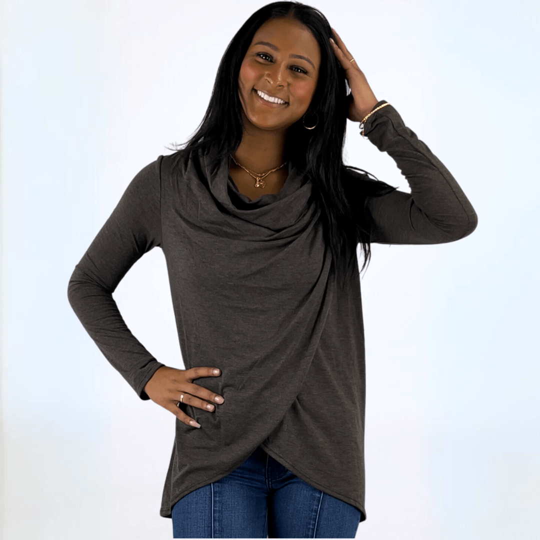 Stylish Cross Over Draped Cowl Neck Top - Premium Made in USA Women's Fashion Blouse for Work, Date Night & Special Occasions