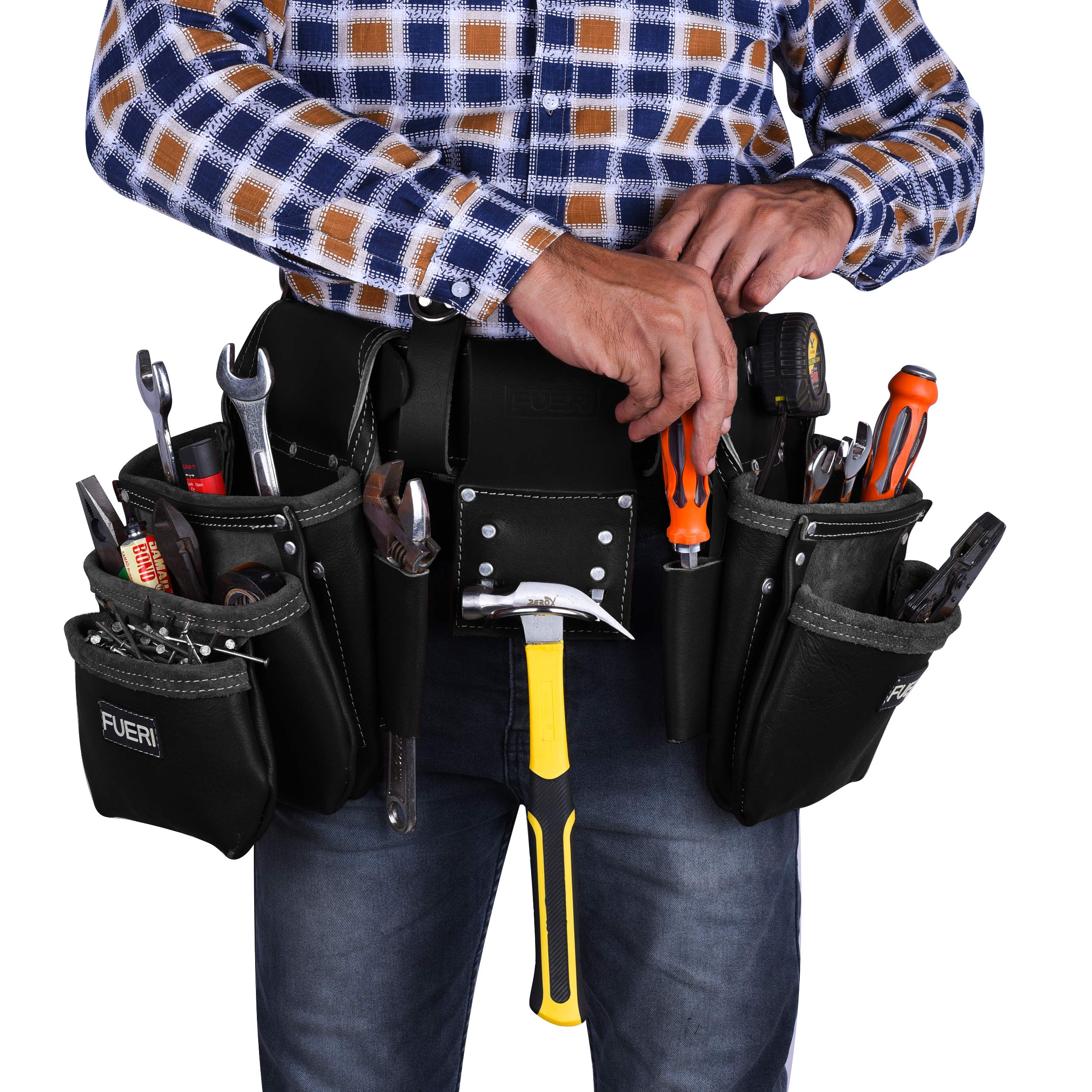 FUERI Heavy Duty Leather Tool Belt Bag for Men & Women - 17 Pocket Carpenter Electrician Construction Pouch Organizer with Belt Holder - Perfect for DIY Projects, Home Repairs & Professional Work