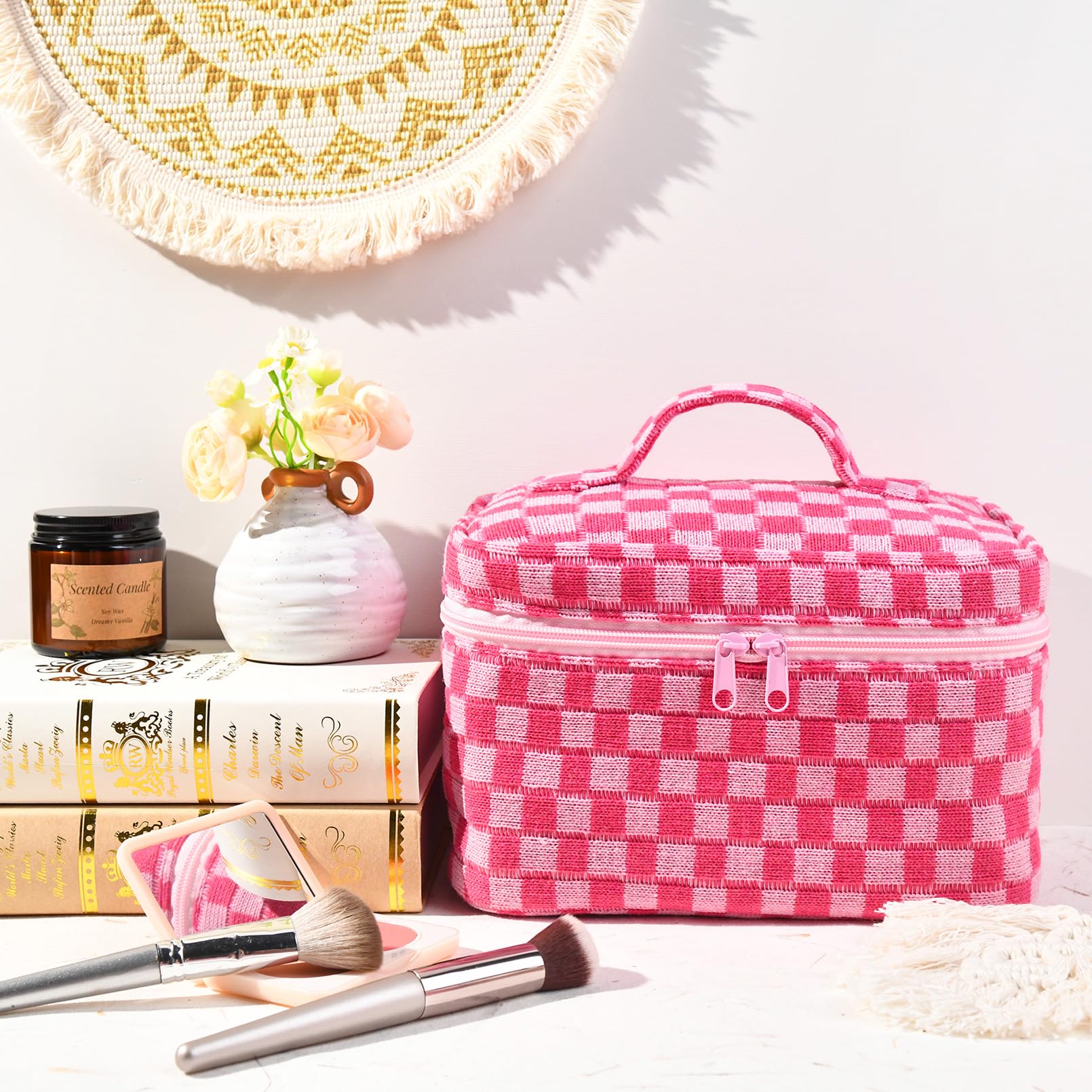Quilted Makeup Bag for Women - Large Cute Cosmetic Organizer with Checkered Coquette Aesthetic, Perfect Travel Toiletry & Skincare Bag for Girls | Ideal for Travel, Gym, and Daily Beauty Essentials