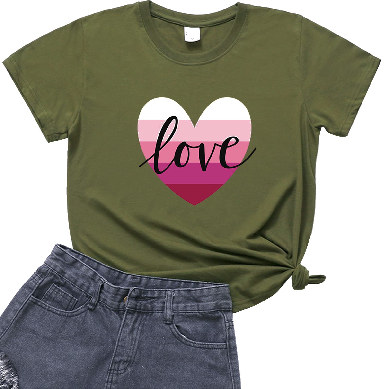 Women's Casual Short Sleeve T-Shirt - Loose Fit Heart Print Blouse for Valentine's Day | Comfortable O-Neck Top for Date Night, Girls' Day Out & Summer Outfits