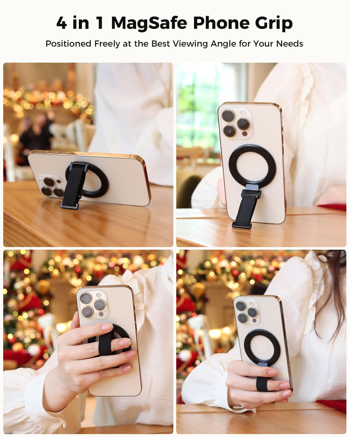 SUPERONE 2025 Upgraded MagSafe Phone Grip with Finger Strap & Kickstand - Removable Magnetic Ring Holder for iPhone 16/15/14/13/12 Series (Black) - Perfect for One-Hand Use, Video Calls, and Secure Phone Handling