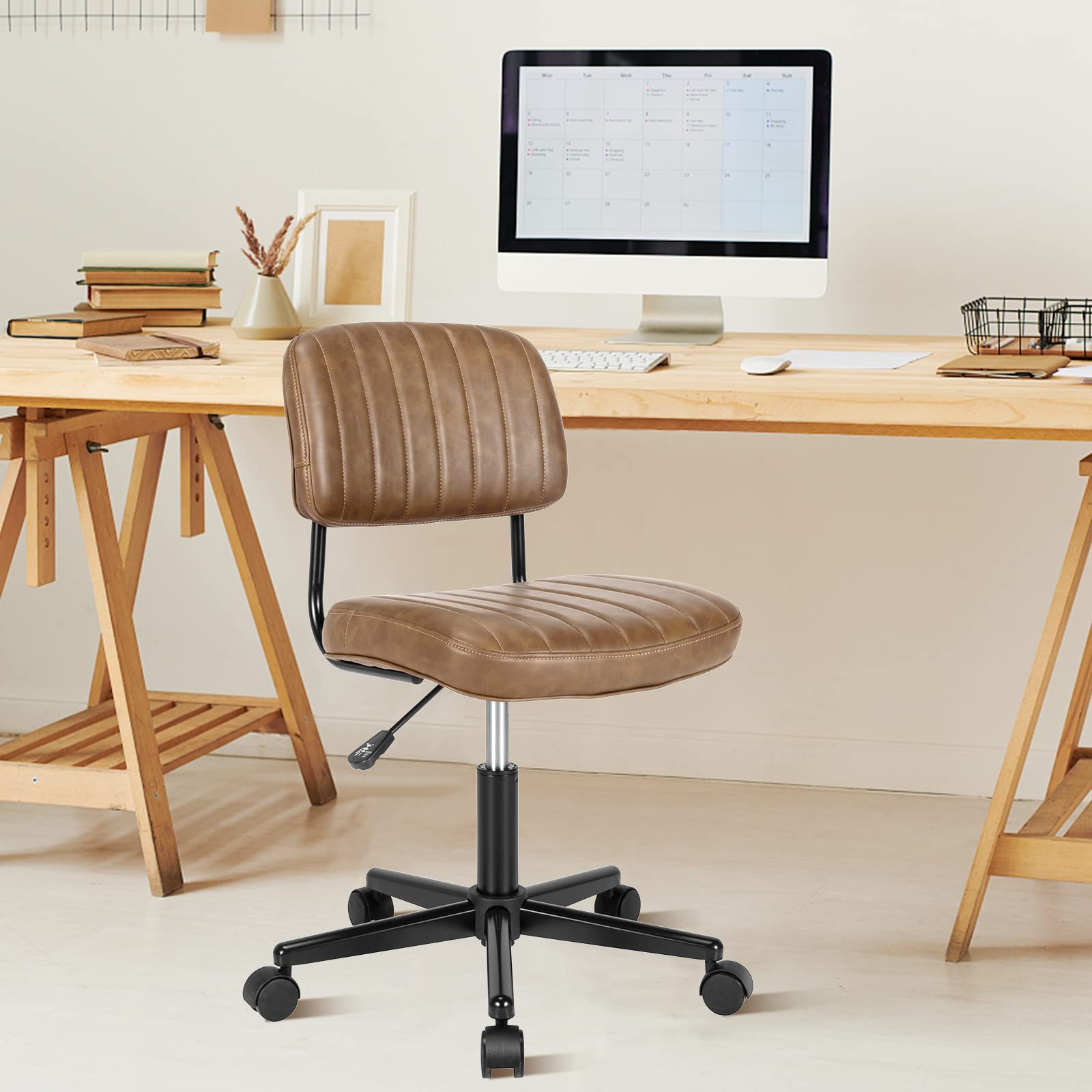COSTWAY Armless Desk Chair with Wheels - PU Leather Low Back Computer Task Chair with Lumbar Support, Height Adjustable Rolling Office Chair for Home, Kids, Teens & Adults (Brown) - Perfect for Study, Work & Gaming