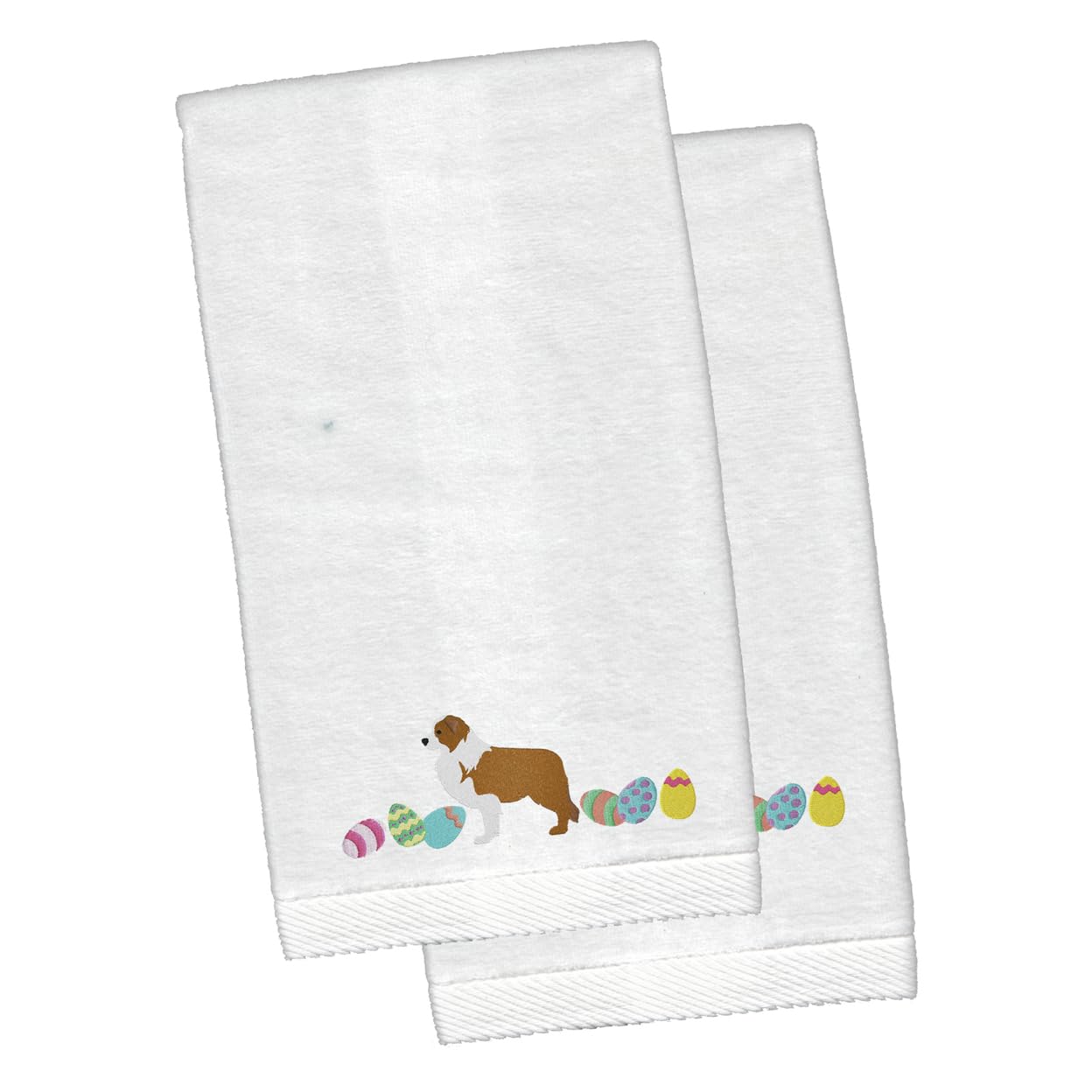 Red Border Collie Easter White Embroidered Plush Hand Towel Set of 2 | Soft Bathroom & Kitchen Towels for Hand, Face, Hair | Decorative Guest Towels for Easter, Tea Time & Home Decor