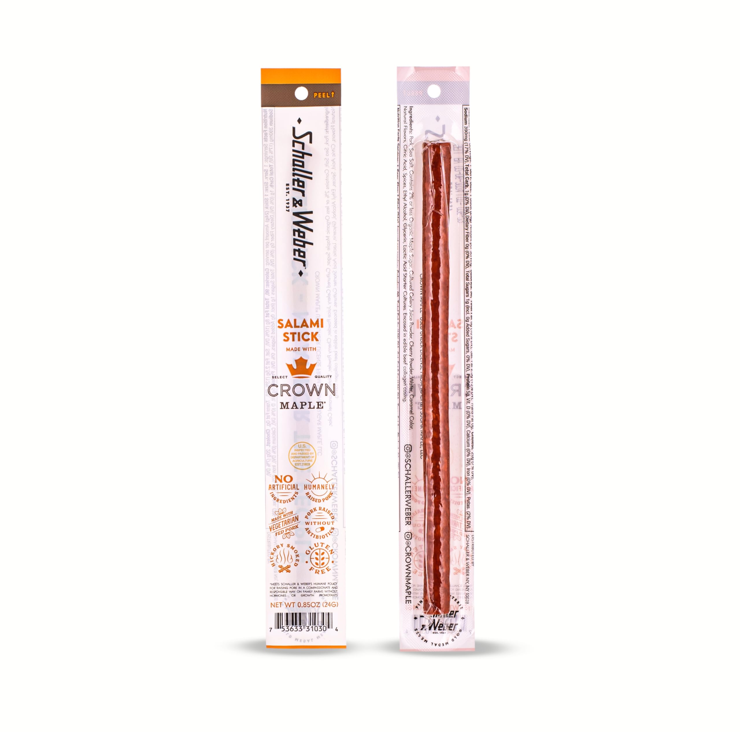 Schaller & Weber Crown Maple Salami Stick - Hickory Smoked, All-Natural, Ready to Eat Meat Snacks, 0.85oz (Pack of 6) | Perfect for Hiking, Camping, Lunch Boxes & Keto Diet Snacking
