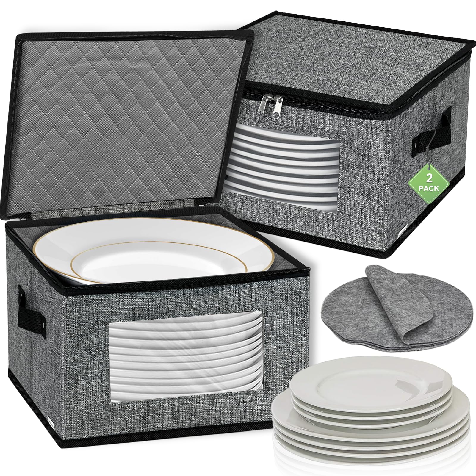 12 Inch Hard Shell Quilted Dinnerware Storage Box with Lids - Dish Plate Organizer for Kitchen, Moving & Home Organization - Dark Grey Storage Container for China, Dishes & Fragile Items