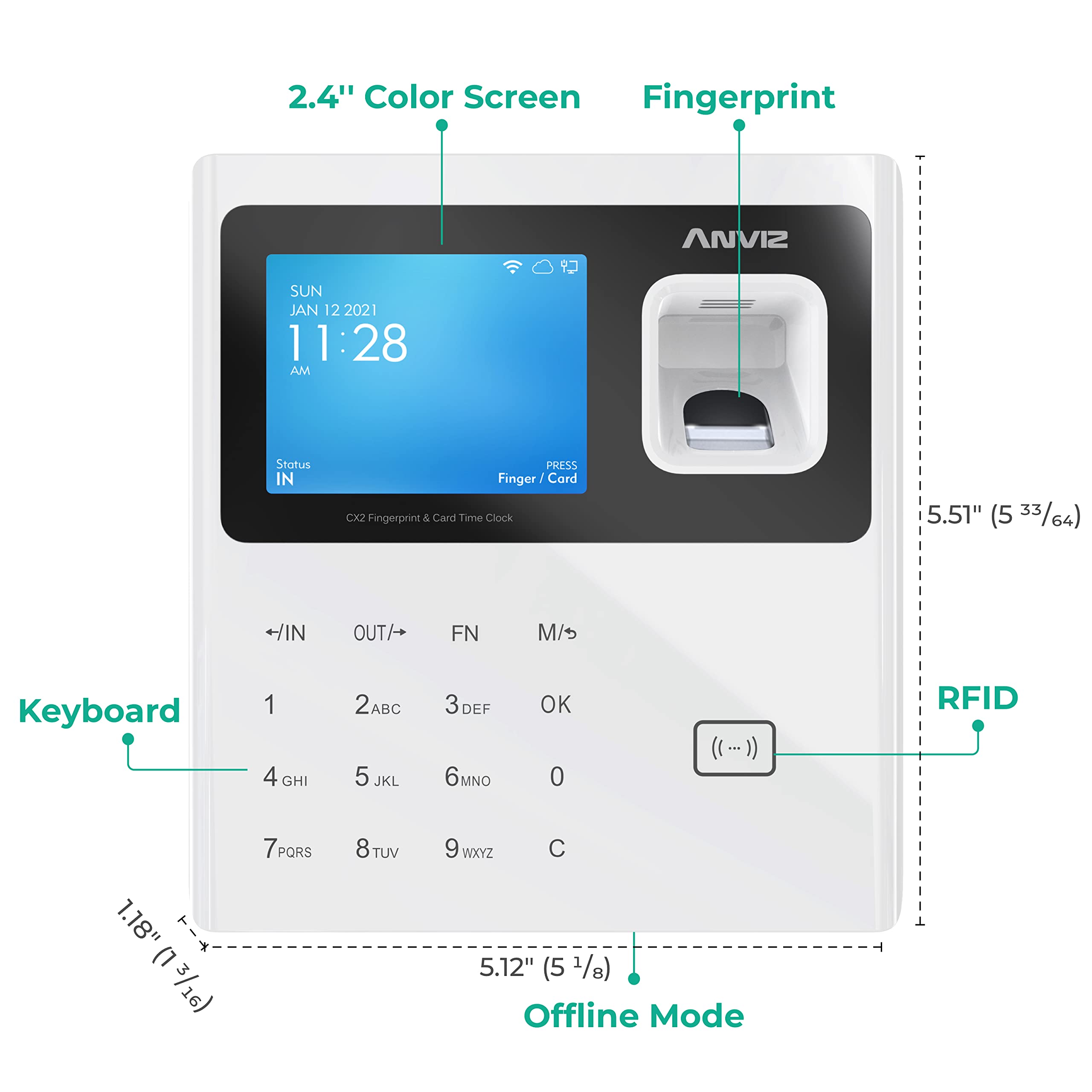 ANVIZ CX2 Fingerprint Time Clock for Small Business - Biometric Employee Attendance System with Free Cloud Software - Ideal for Offices, Retail Stores, and Restaurants (White)