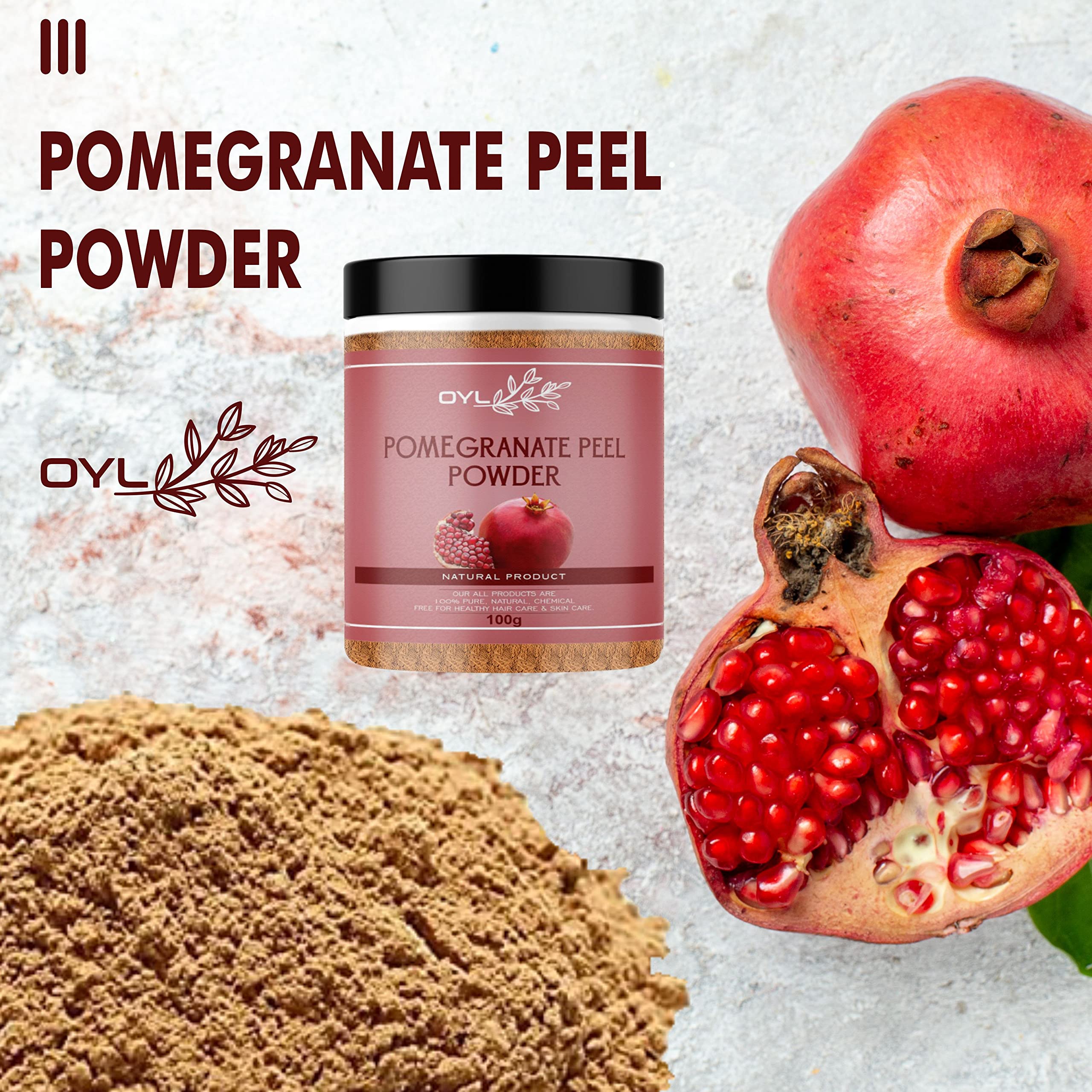 OYL Natural Pomegranate Peel Powder (Anar Powder) - 100% Pure & Chemical Free for Skin Brightening, Acne Treatment, Wrinkle Reduction & Hair Care - 100g | DIY Face Masks, Hair Growth & Natural Beauty Solutions