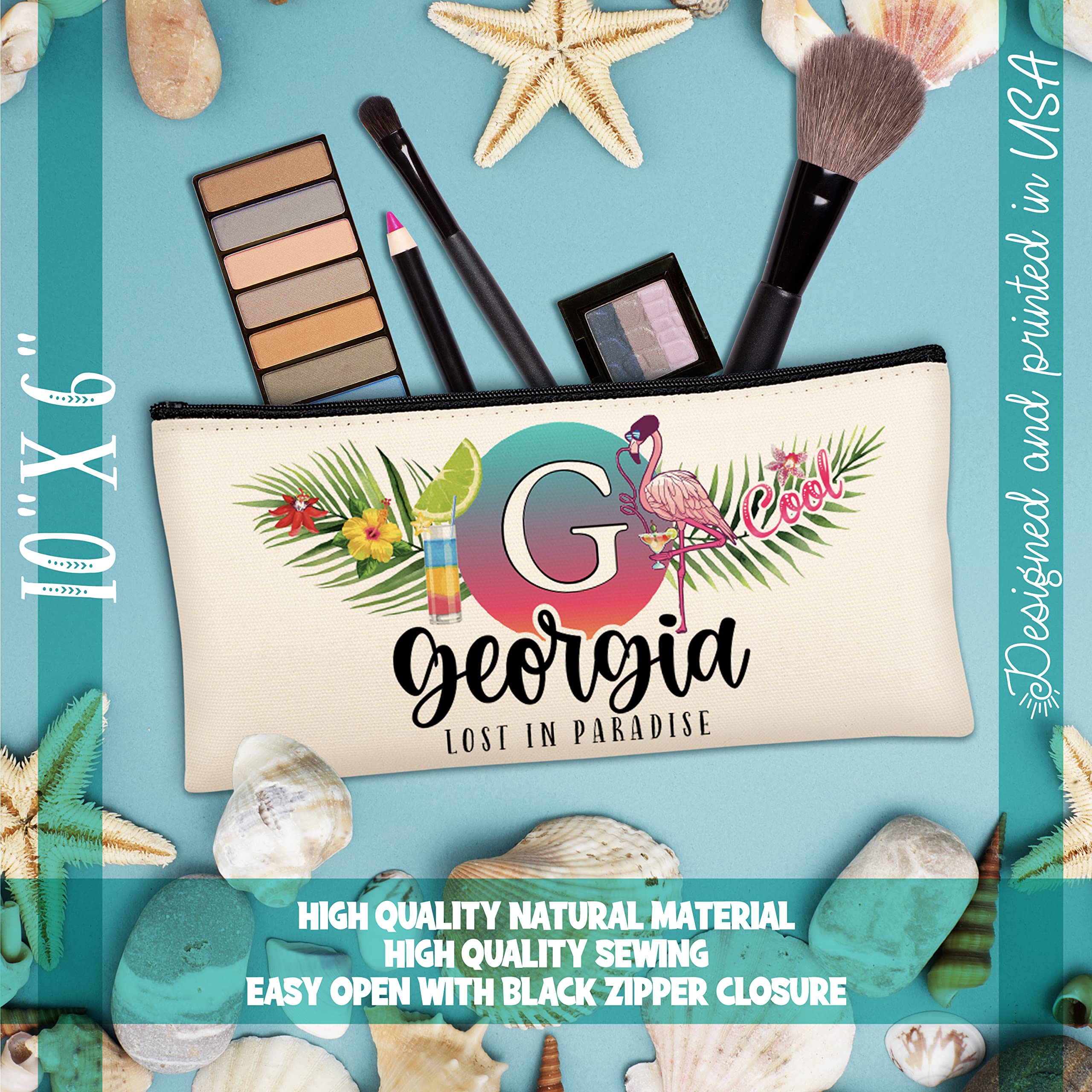 **Personalized Summer Canvas Makeup Bag for Women & Girls - Custom Initial Beach Cosmetic Case, Flamingo Beige Cotton Purse, Holiday Travel Essential (6 Designs) - Perfect for Beach Trips, Vacations & Teen Gifts**