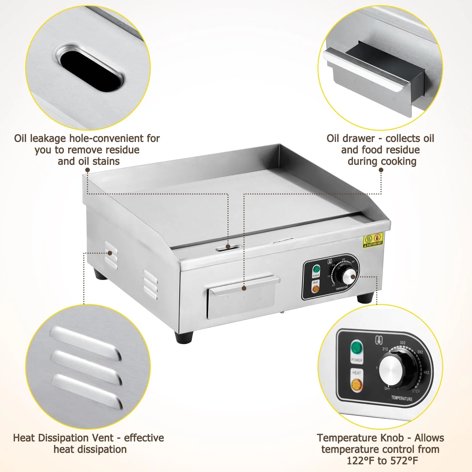 GARVEE 14 Inch Commercial Electric Grill - 1500W Stainless Steel Griddle with Adjustable Temperature (122°F-572°F) - Non-Stick Surface for Home Kitchen & Restaurant Use - Perfect for Indoor BBQ, Pancakes & Burgers (Plug Not Included)