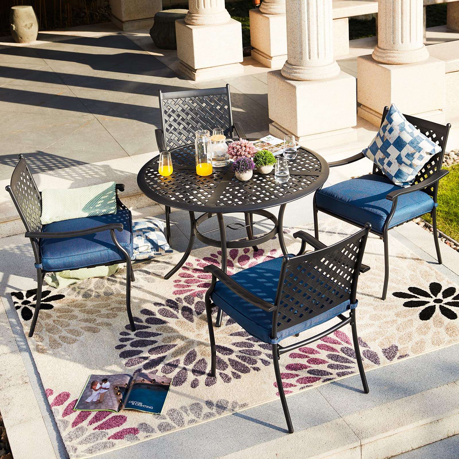 5-Piece Outdoor Patio Furniture Set - 4 Wrought Iron Dining Chairs with Thick Cushions & Round Metal Table with 2.04