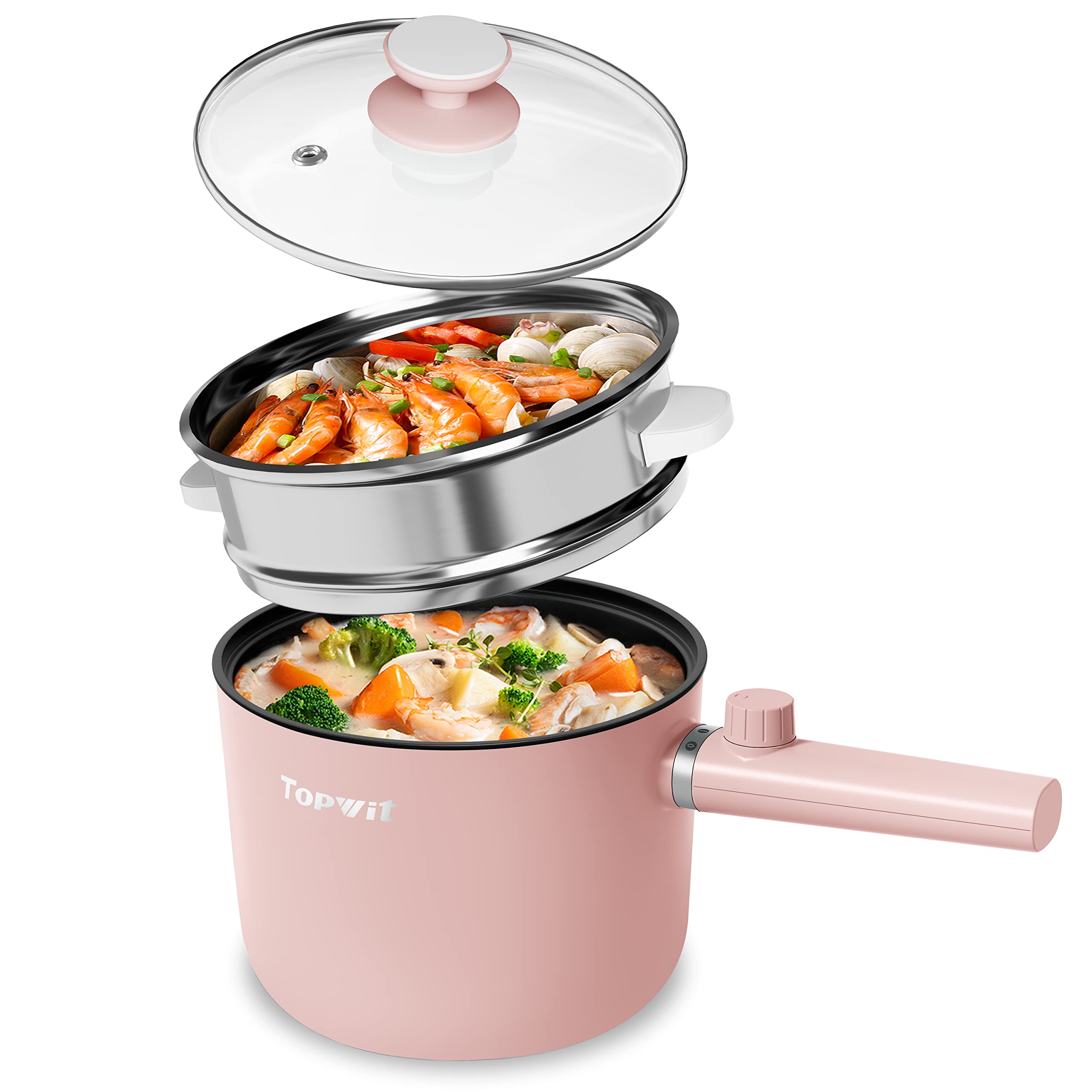 Topwit 1.5L Electric Hot Pot with Steamer - Multi-Functional Non-Stick Ramen Cooker & Pasta Pot, BPA Free, Dual Power Control, Overheat Protection - Perfect for Dorm, Office, Camping & Small Kitchen Cooking